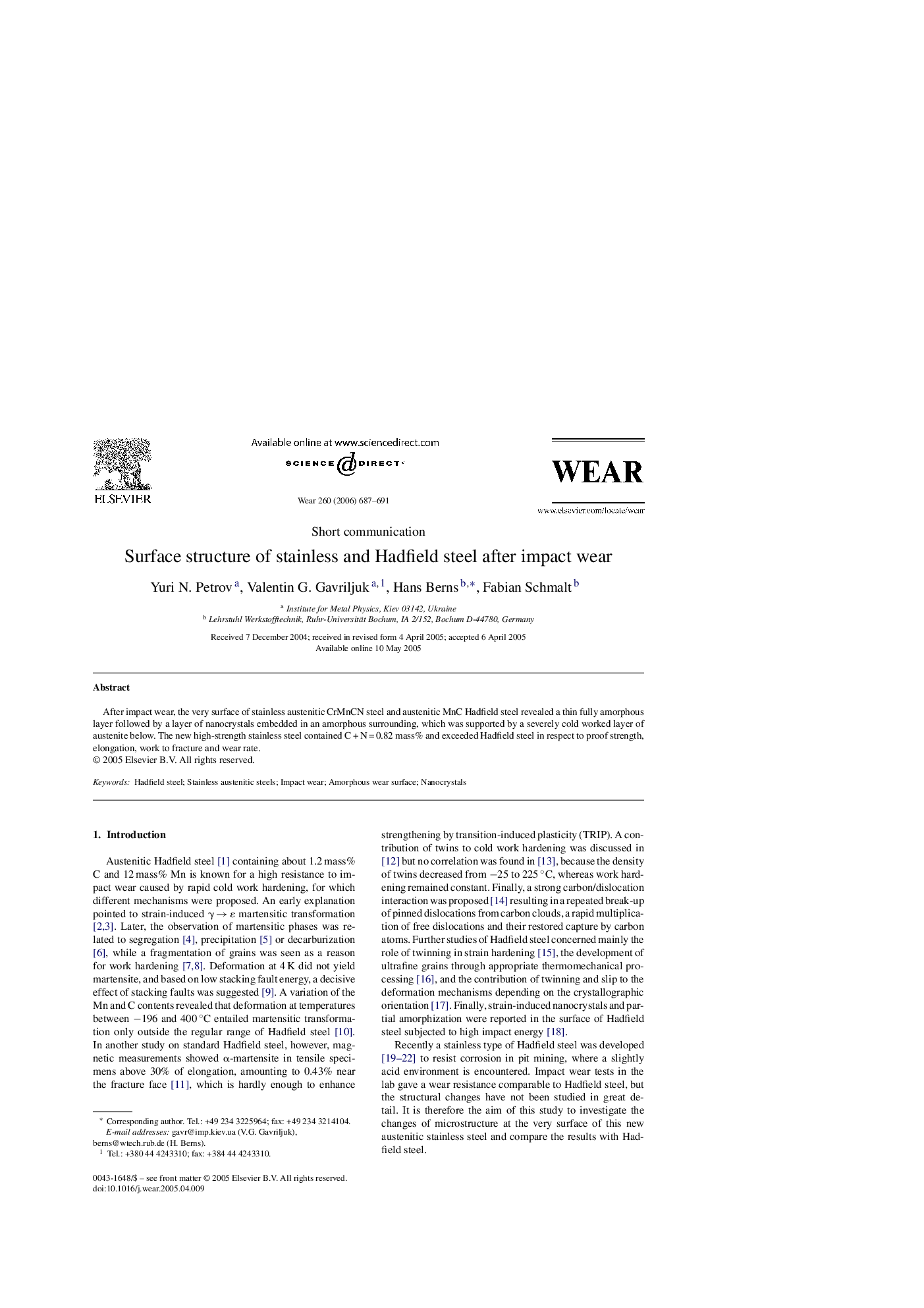 Surface structure of stainless and Hadfield steel after impact wear