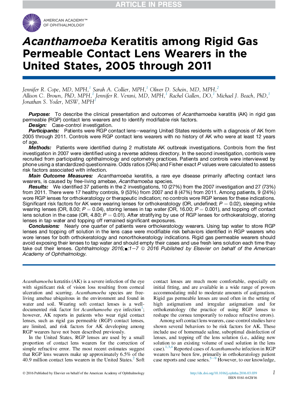 Acanthamoeba Keratitis among Rigid Gas Permeable Contact Lens Wearers in the United States, 2005 through 2011