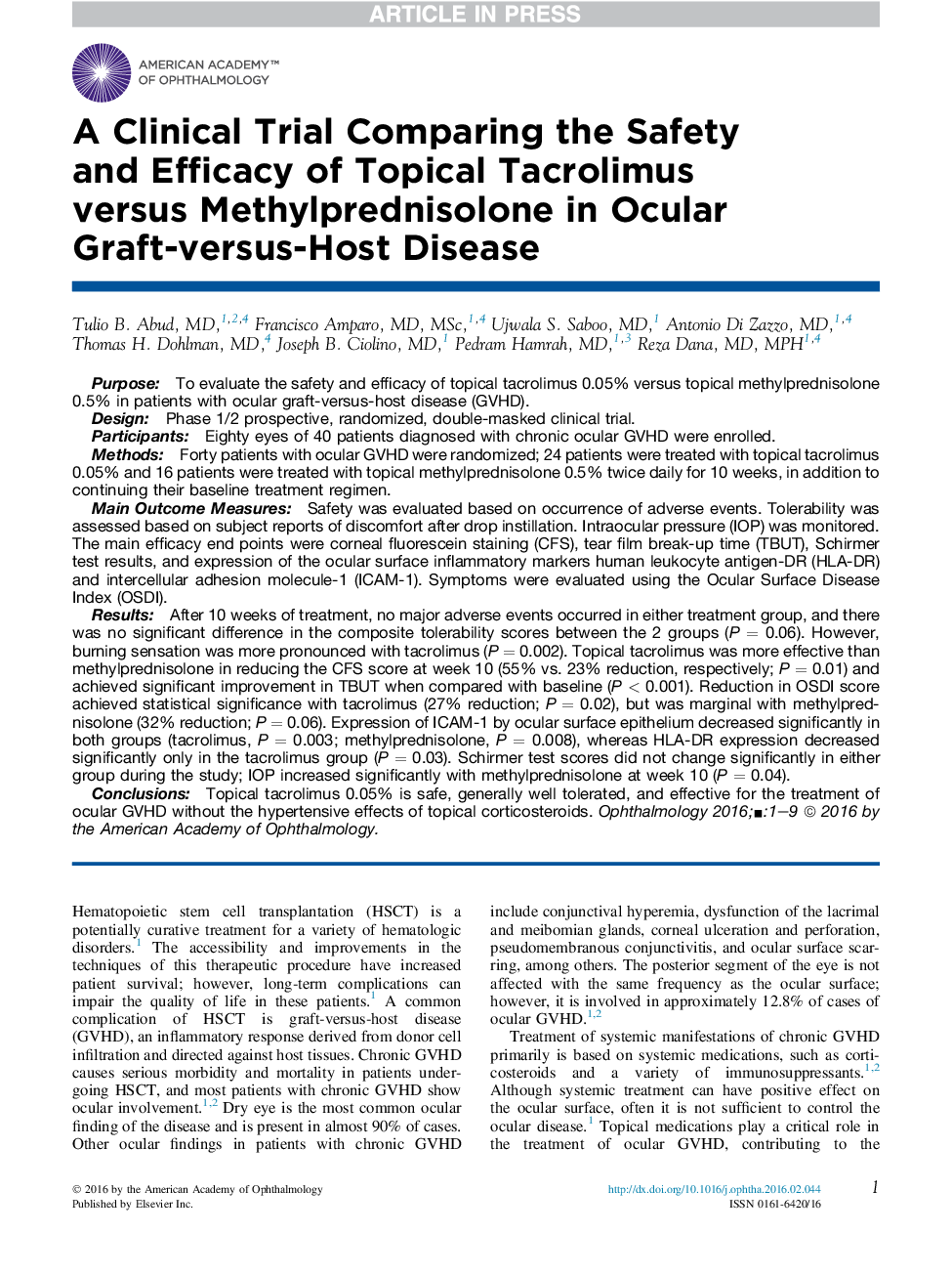 A Clinical Trial Comparing the Safety and Efficacy of Topical Tacrolimus versus Methylprednisolone in Ocular Graft-versus-Host Disease