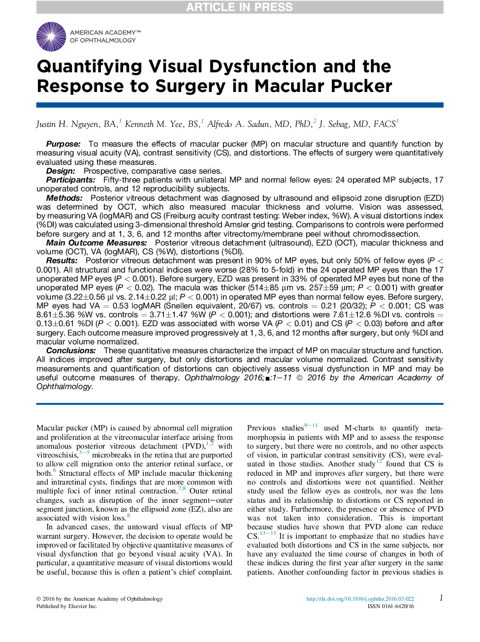 کمبود اختلال بصری و پاسخ به جراحی در پیکر ماکولار 