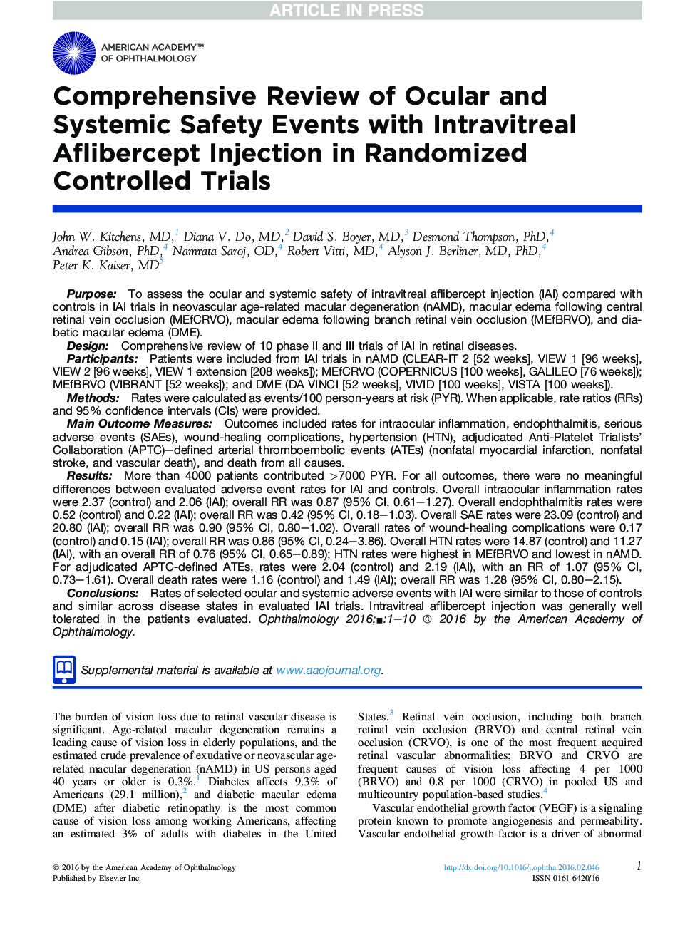 Comprehensive Review of Ocular and Systemic Safety Events with Intravitreal Aflibercept Injection in Randomized Controlled Trials