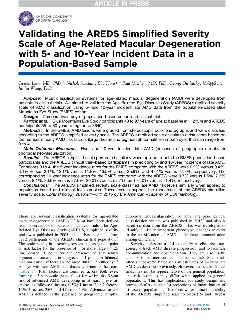 Validating the AREDS Simplified Severity Scale of Age-Related Macular Degeneration with 5- and 10-Year Incident Data in a Population-Based Sample