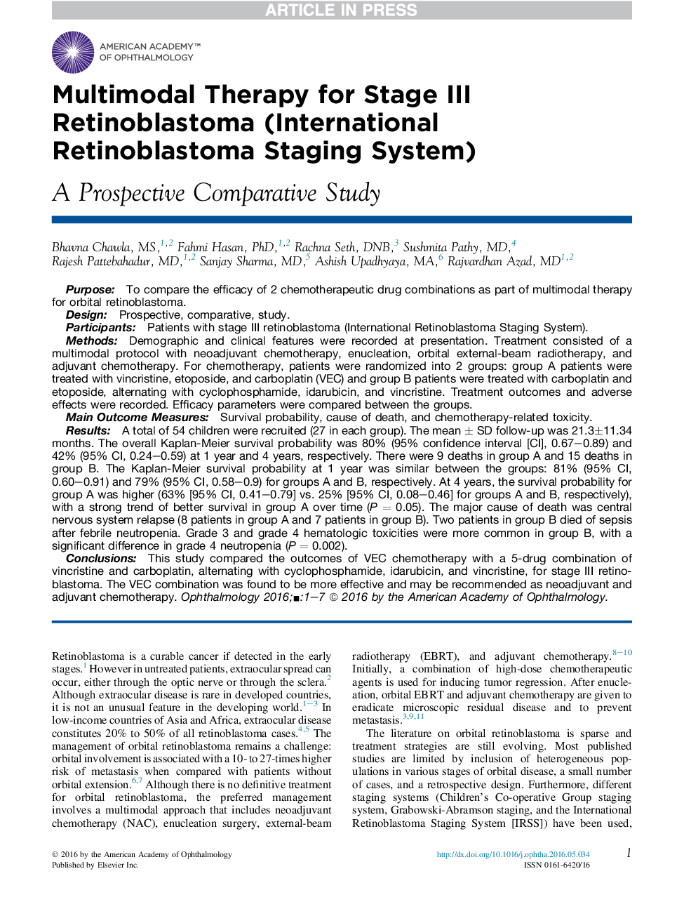 Multimodal Therapy for Stage III Retinoblastoma (International Retinoblastoma Staging System)