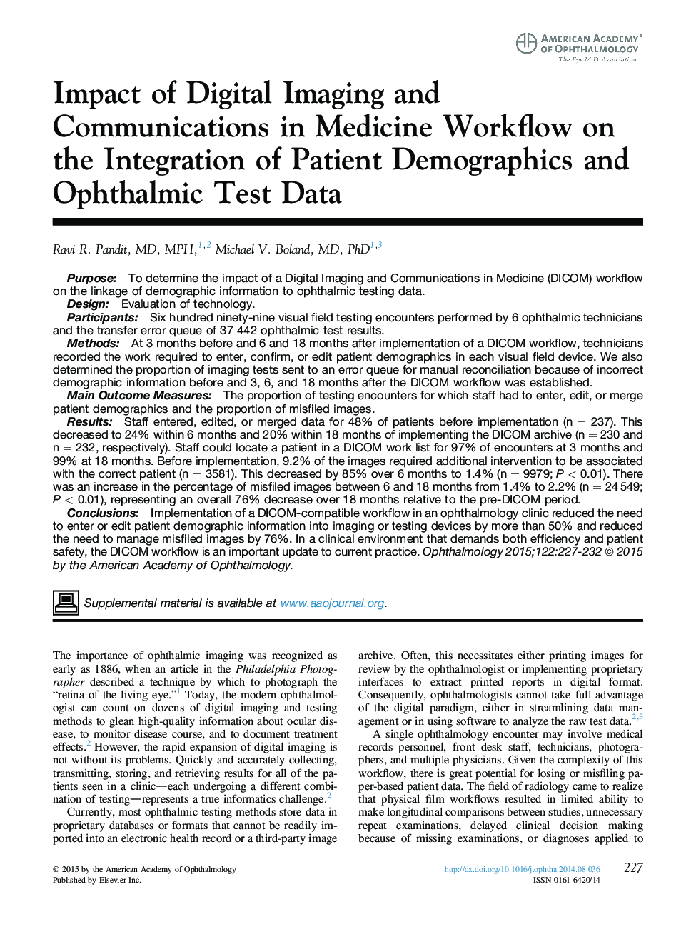 تأثیر تصویربرداری دیجیتال و ارتباطات در گردش کار پزشکی بر ادغام جمعیت های بیمار و داده های آزمایشی چشم 
