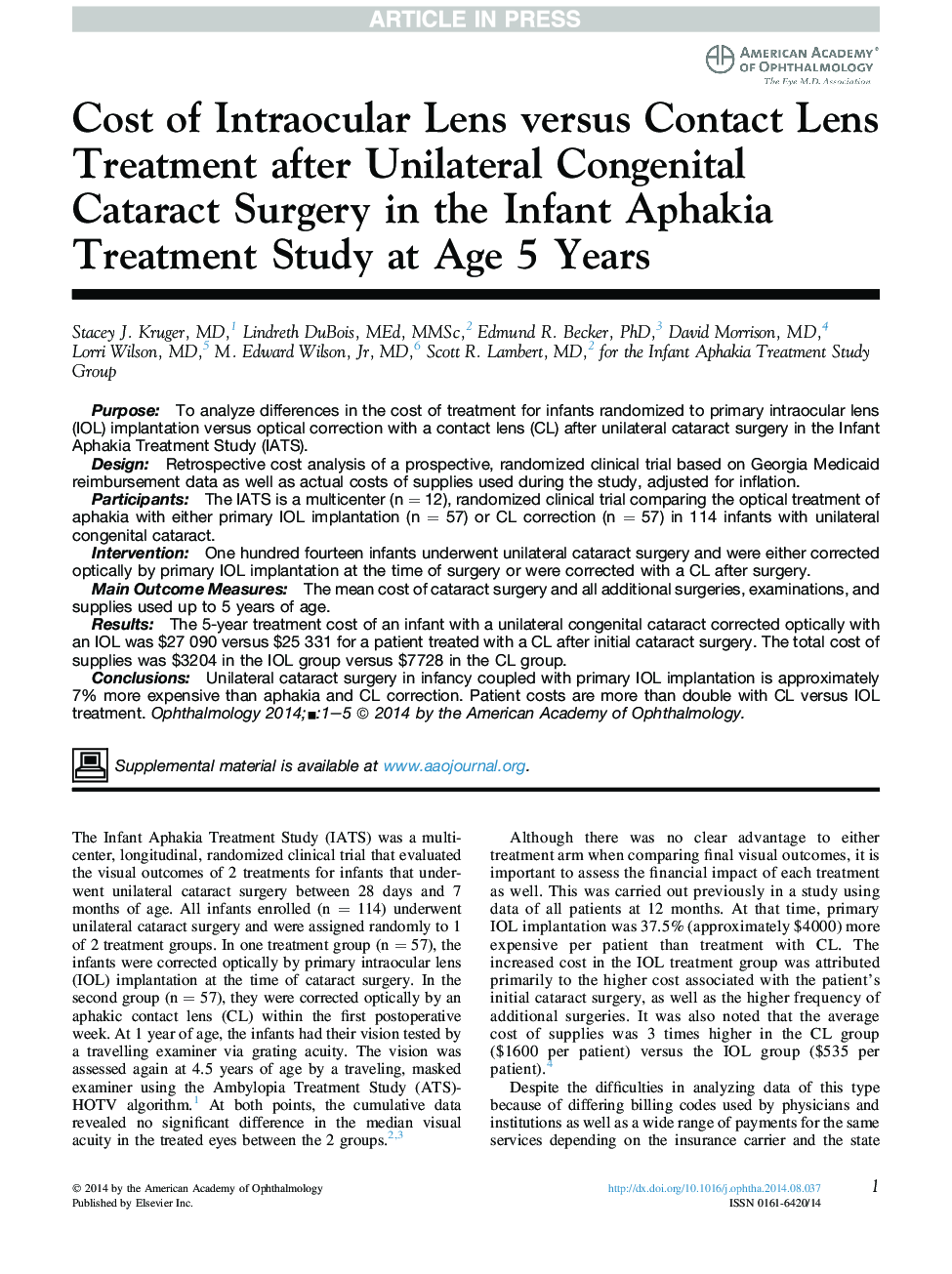 Cost of Intraocular Lens versus Contact Lens Treatment after Unilateral Congenital Cataract Surgery in the Infant Aphakia Treatment Study at Age 5 Years