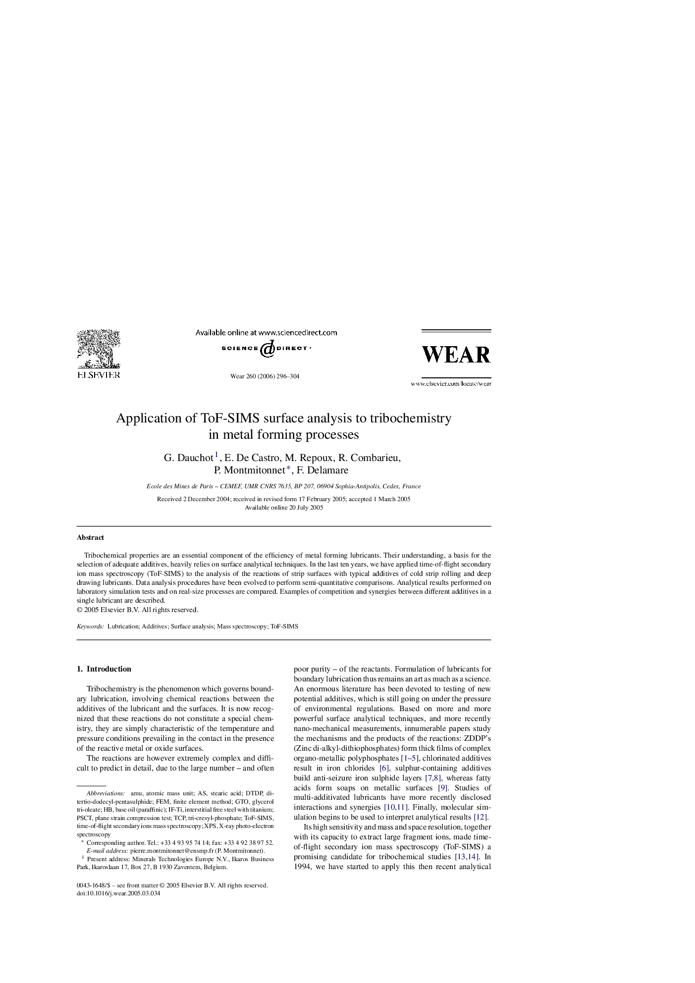 Application of ToF-SIMS surface analysis to tribochemistry in metal forming processes