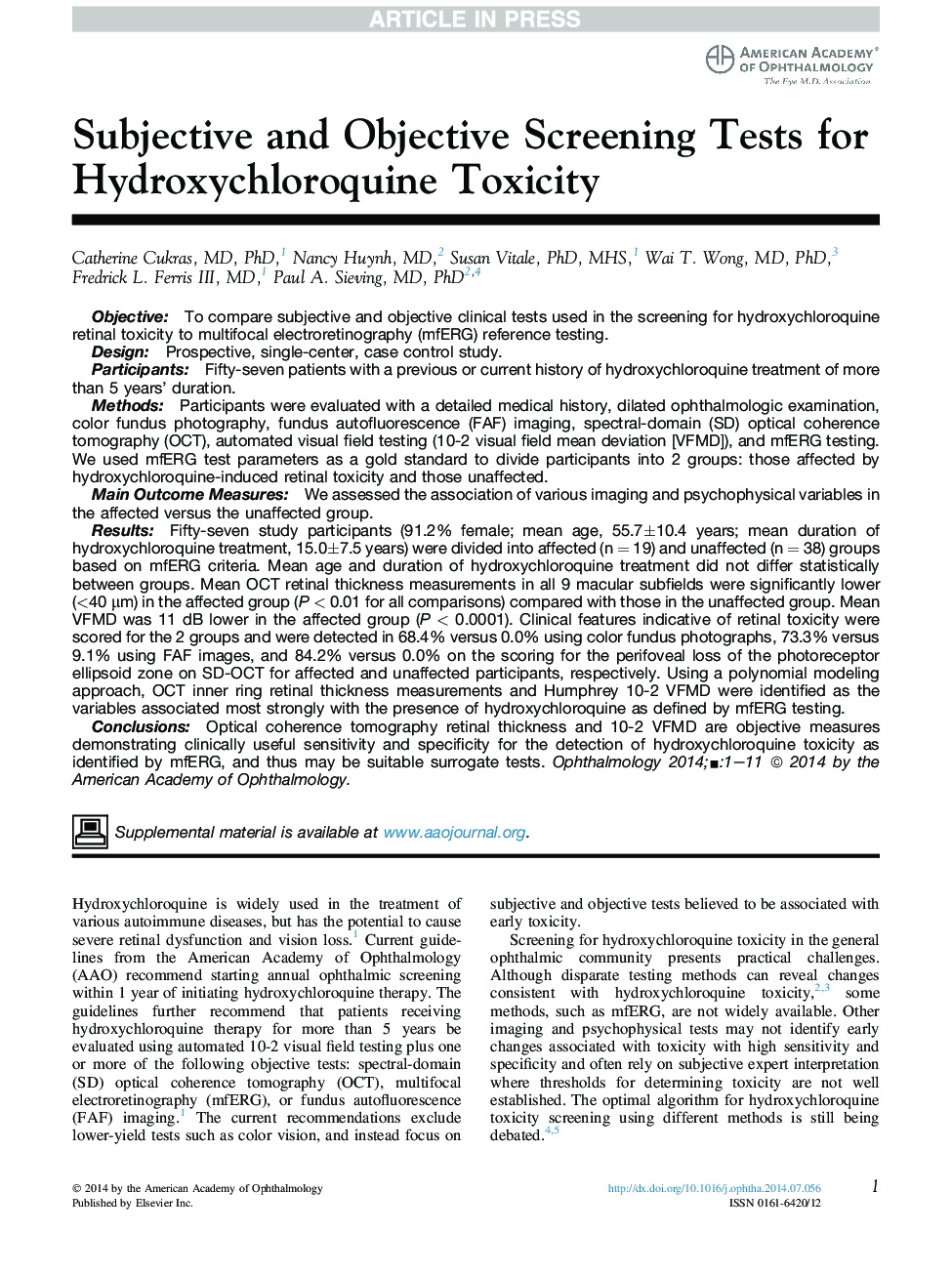 Subjective and Objective Screening Tests for HydroxychloroquineÂ Toxicity