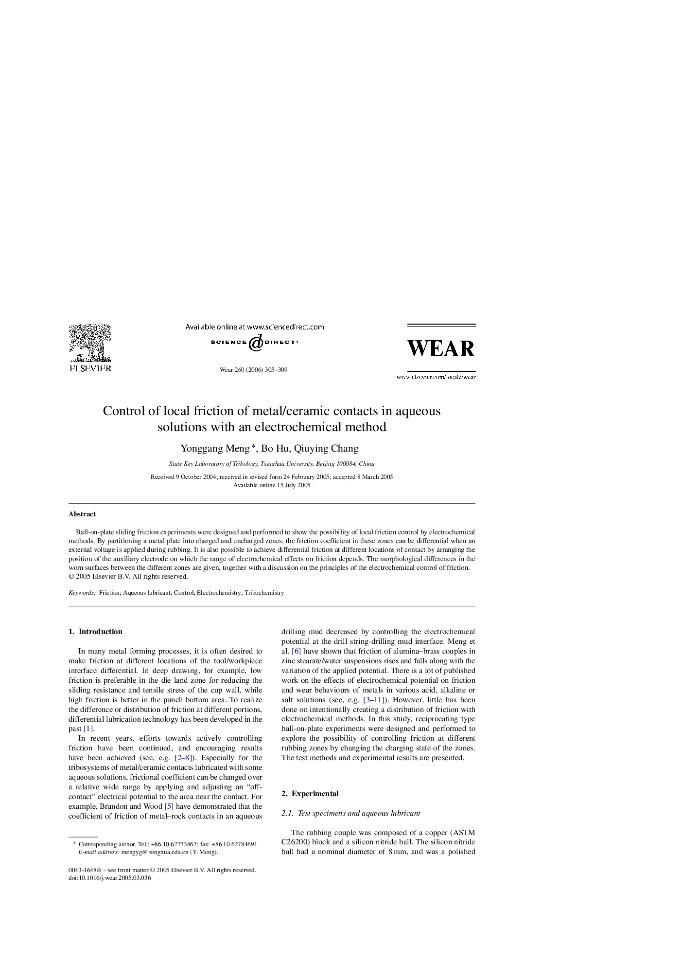 Control of local friction of metal/ceramic contacts in aqueous solutions with an electrochemical method