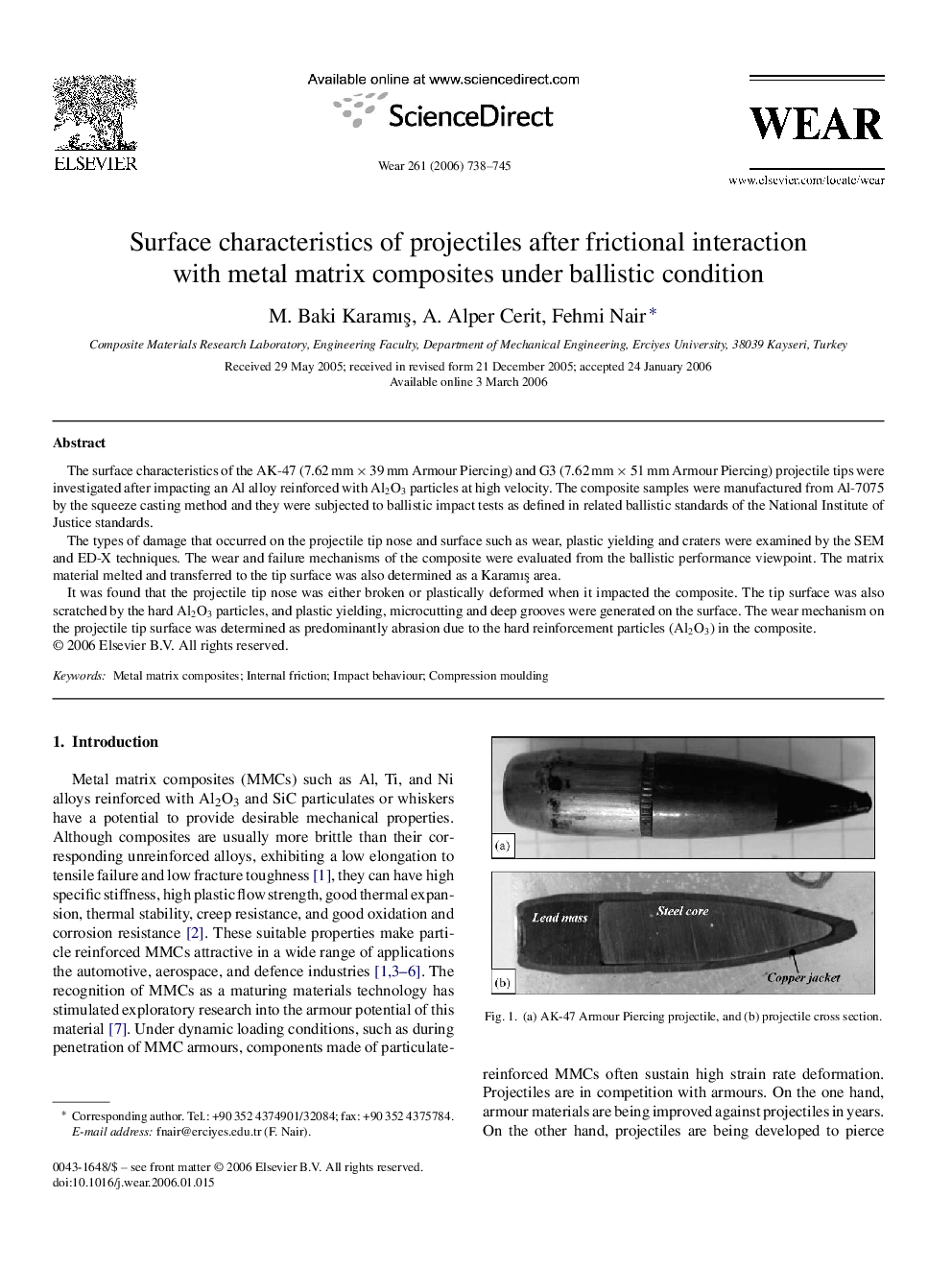 Surface characteristics of projectiles after frictional interaction with metal matrix composites under ballistic condition