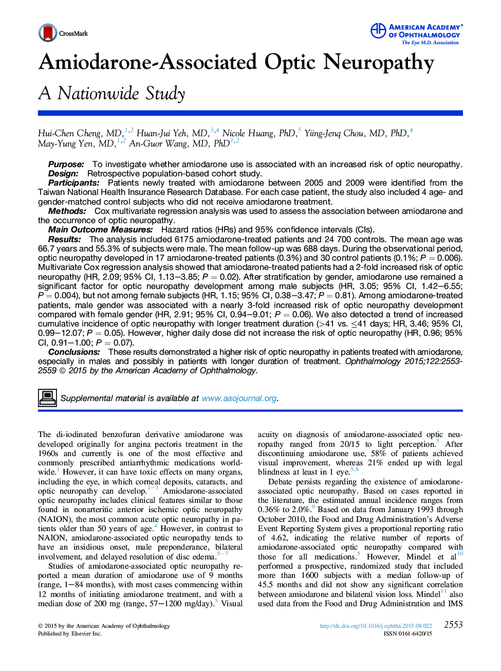 Original articleAmiodarone-Associated Optic Neuropathy: A Nationwide Study