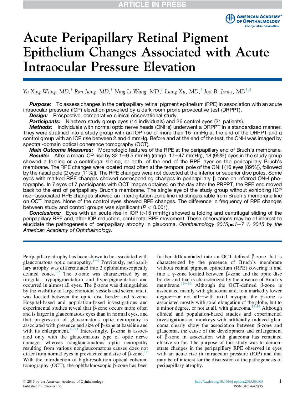 Acute Peripapillary Retinal Pigment Epithelium Changes Associated with Acute Intraocular Pressure Elevation