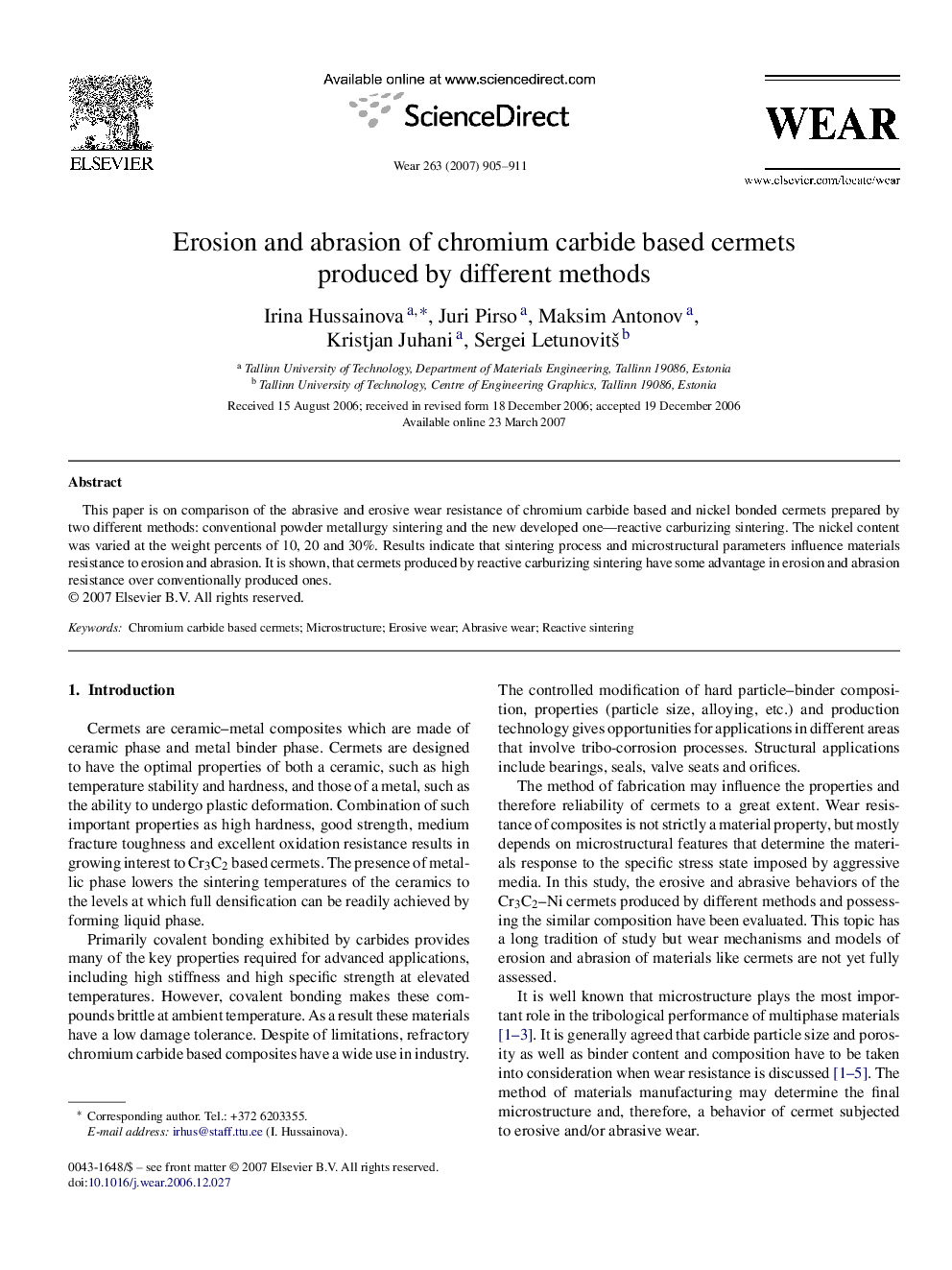 Erosion and abrasion of chromium carbide based cermets produced by different methods