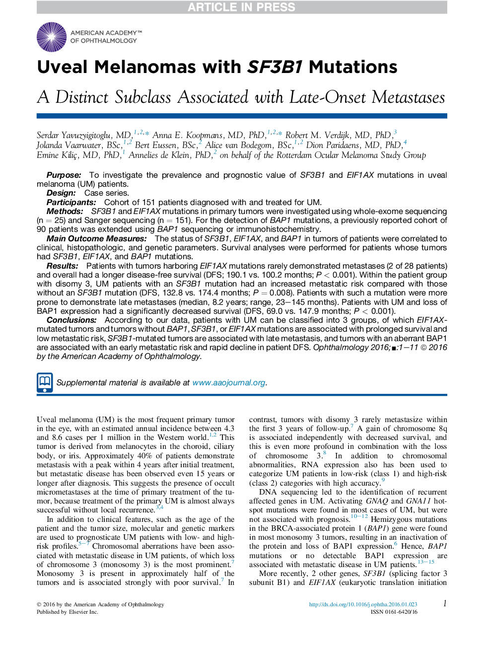 Uveal Melanomas with SF3B1 Mutations