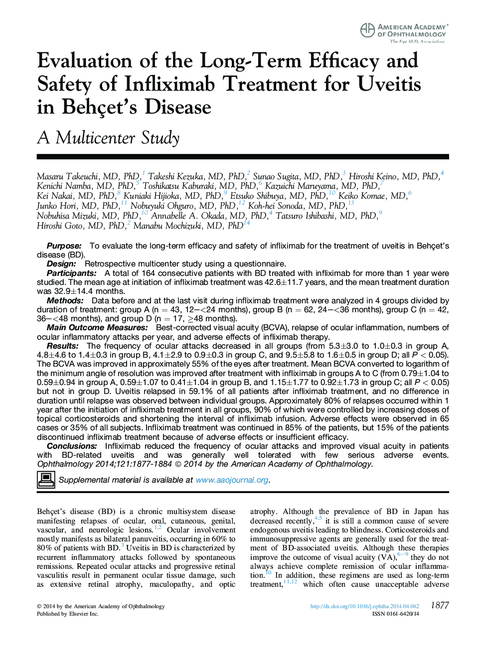 Evaluation of the Long-Term Efficacy and Safety of Infliximab Treatment for Uveitis in Behçet's Disease