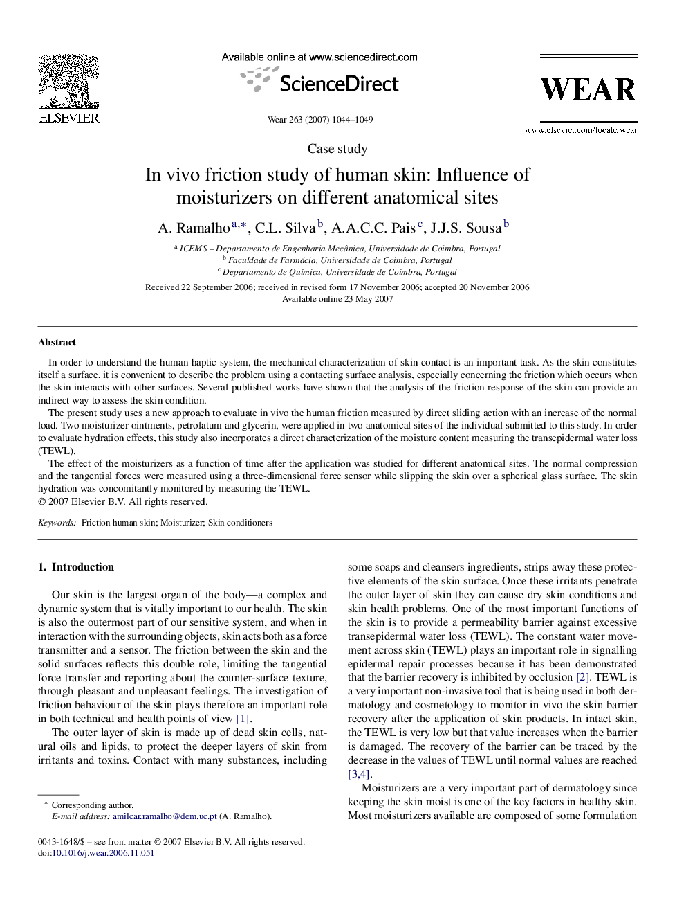 In vivo friction study of human skin: Influence of moisturizers on different anatomical sites