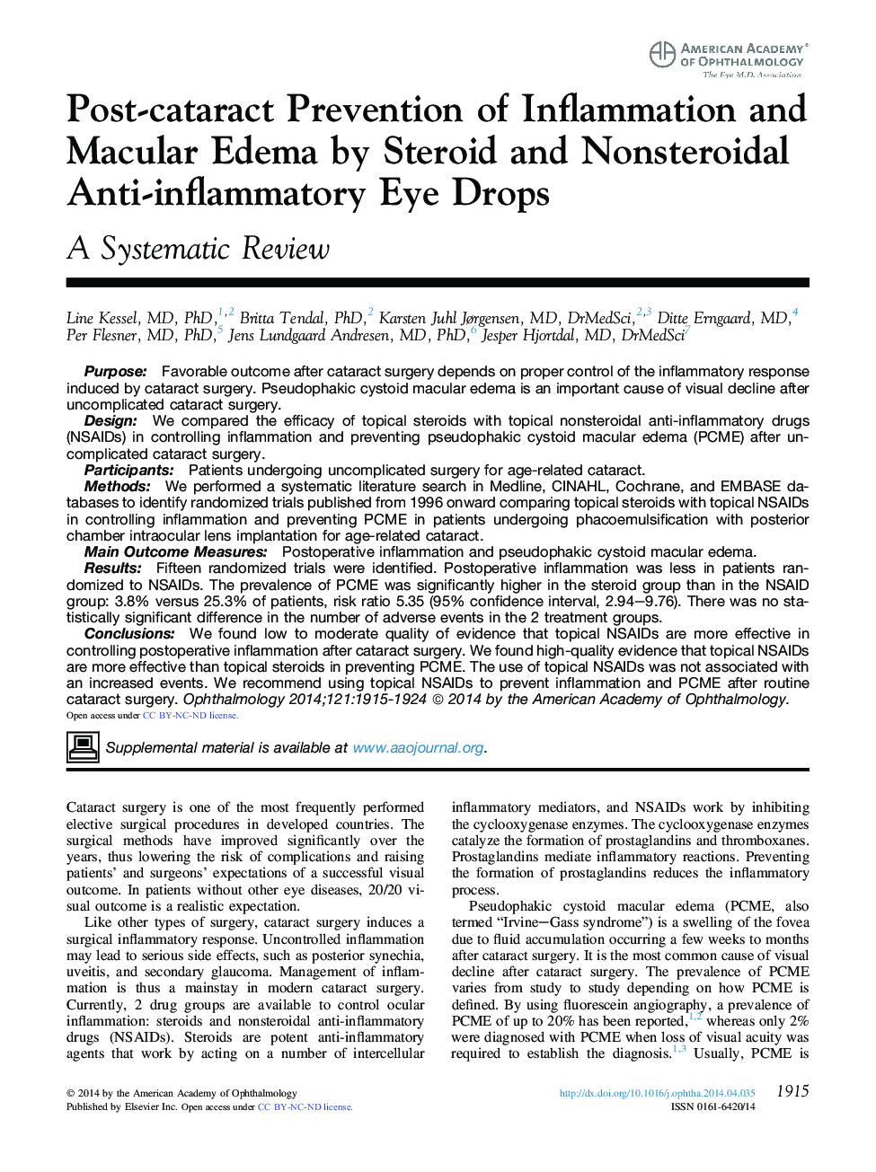 Post-cataract Prevention of Inflammation and Macular Edema by Steroid and Nonsteroidal Anti-inflammatory Eye Drops: A Systematic Review