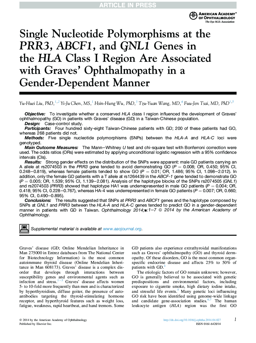 Single Nucleotide Polymorphisms at the PRR3, ABCF1, and GNL1 Genes in theÂ HLAÂ Class I Region Are Associated withÂ Graves' Ophthalmopathy in a Gender-Dependent Manner