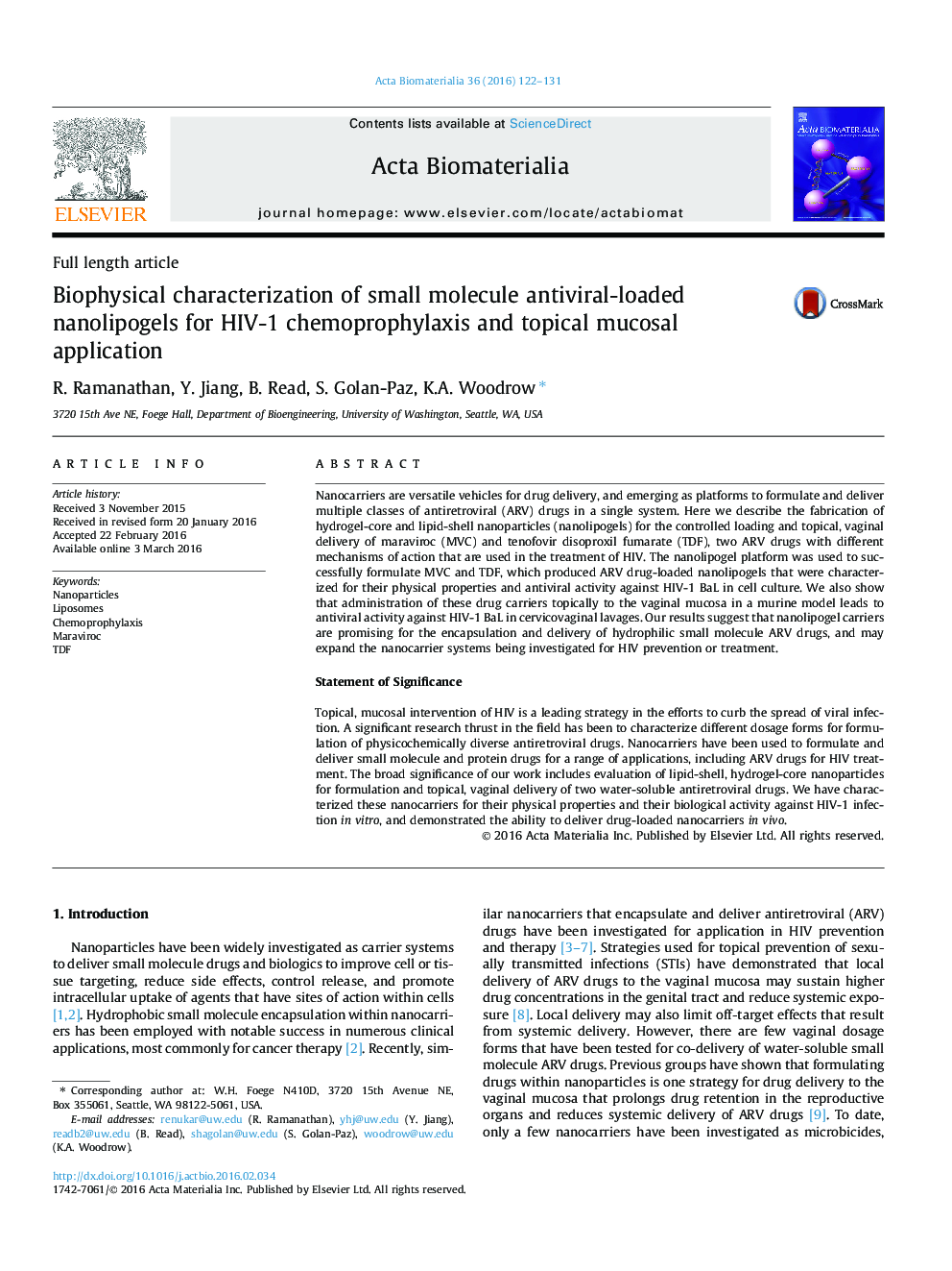 Biophysical characterization of small molecule antiviral-loaded nanolipogels for HIV-1 chemoprophylaxis and topical mucosal application