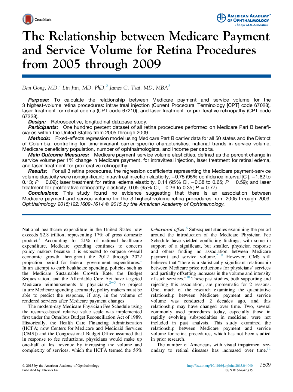 The Relationship between Medicare Payment and Service Volume for Retina Procedures from 2005 through 2009