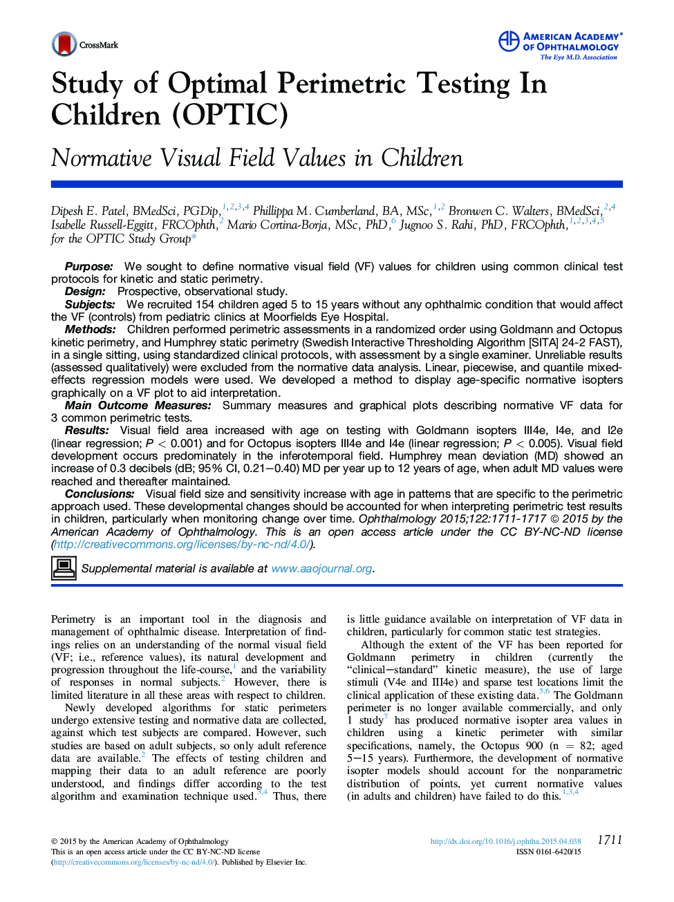 Study of Optimal Perimetric Testing In Children (OPTIC): Normative Visual Field Values in Children