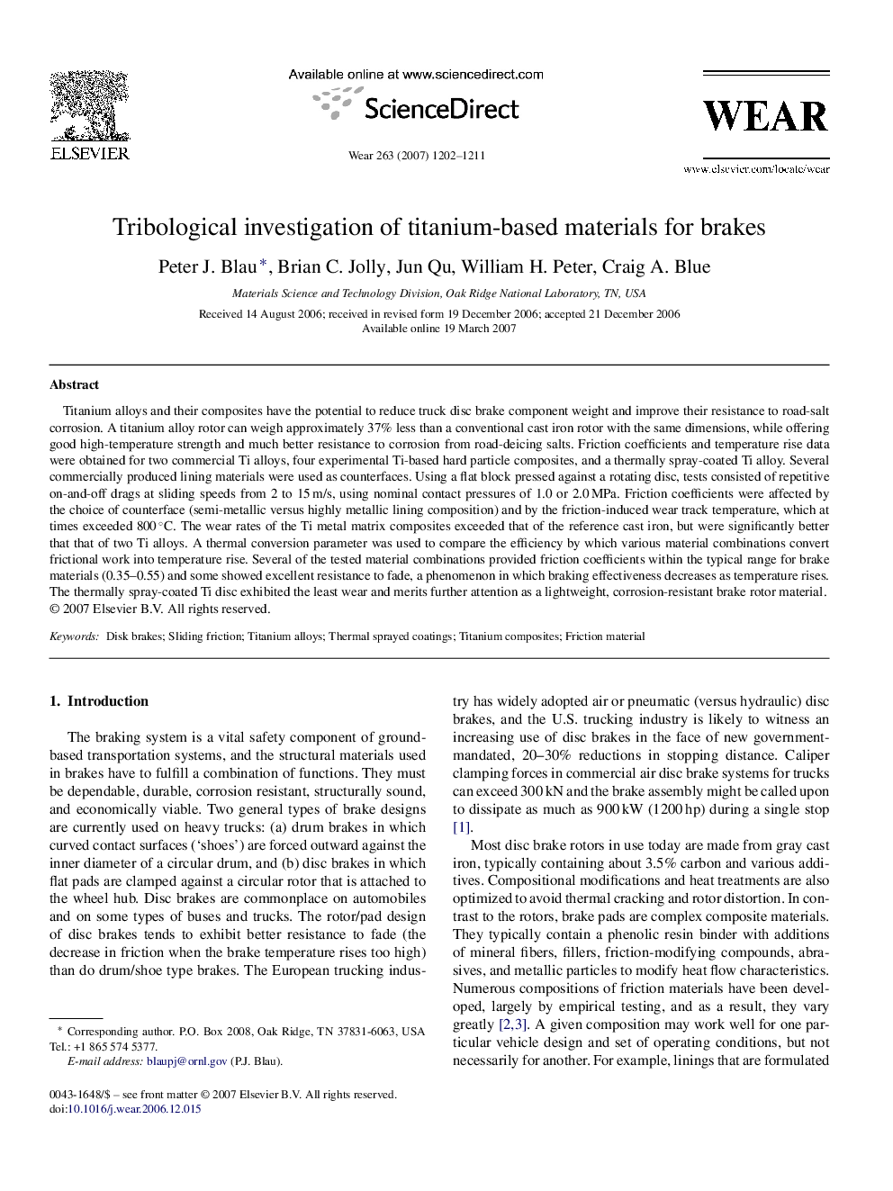 Tribological investigation of titanium-based materials for brakes