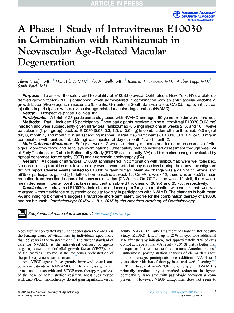 A Phase 1 Study of Intravitreous E10030 in Combination with Ranibizumab in Neovascular Age-Related Macular Degeneration