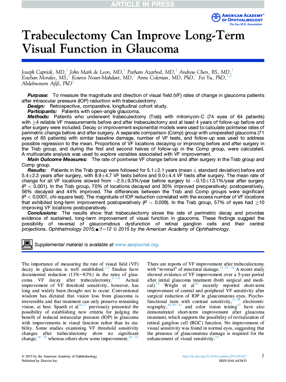 Trabeculectomy Can Improve Long-Term Visual Function in Glaucoma