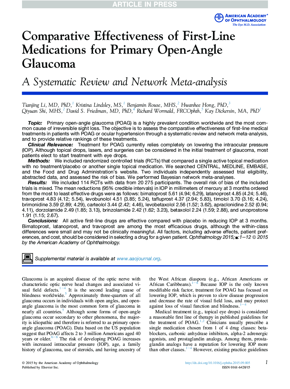 Comparative Effectiveness of First-Line Medications for Primary Open-Angle Glaucoma