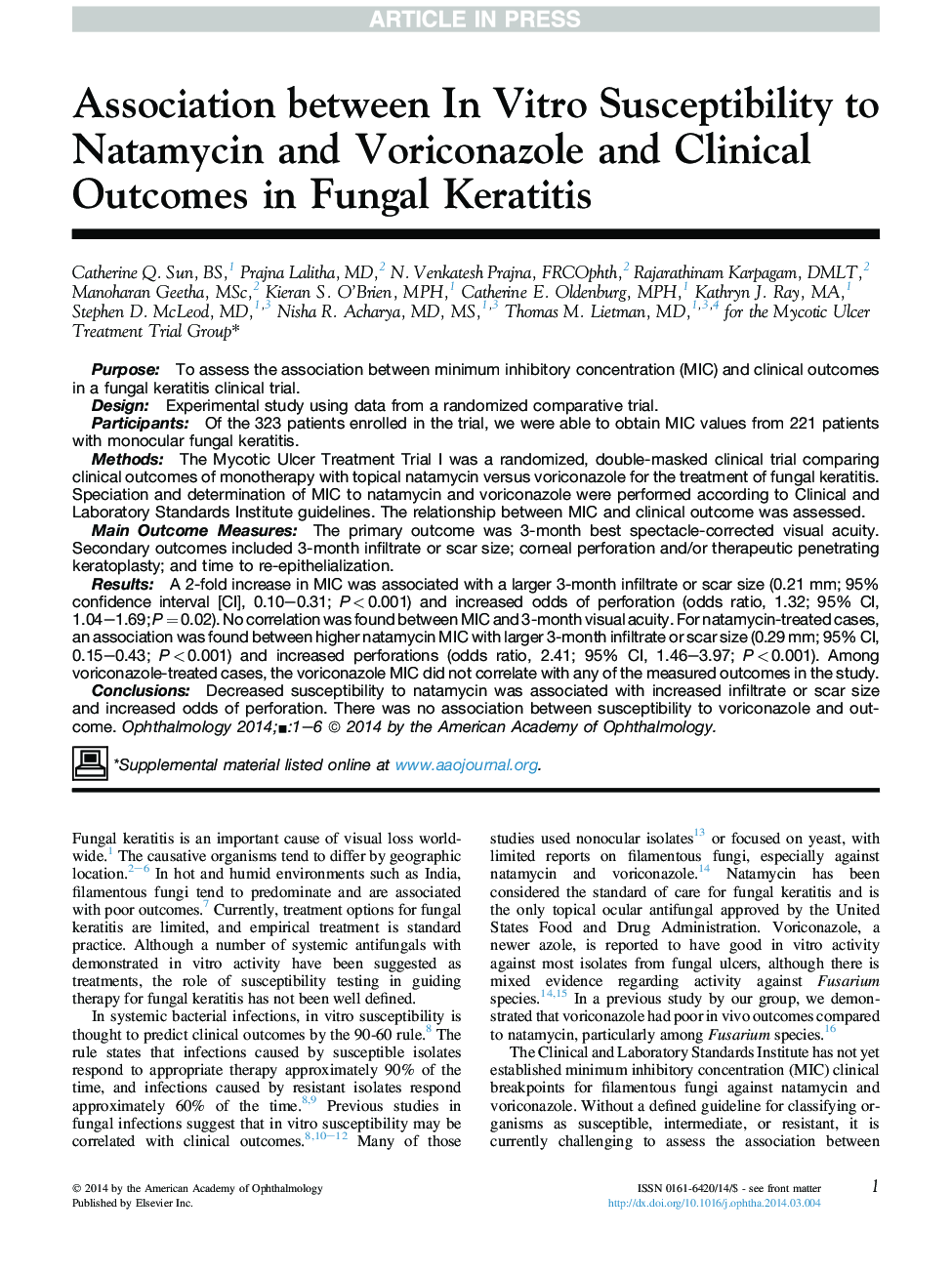 Association between In Vitro Susceptibility to Natamycin and Voriconazole and Clinical Outcomes in Fungal Keratitis