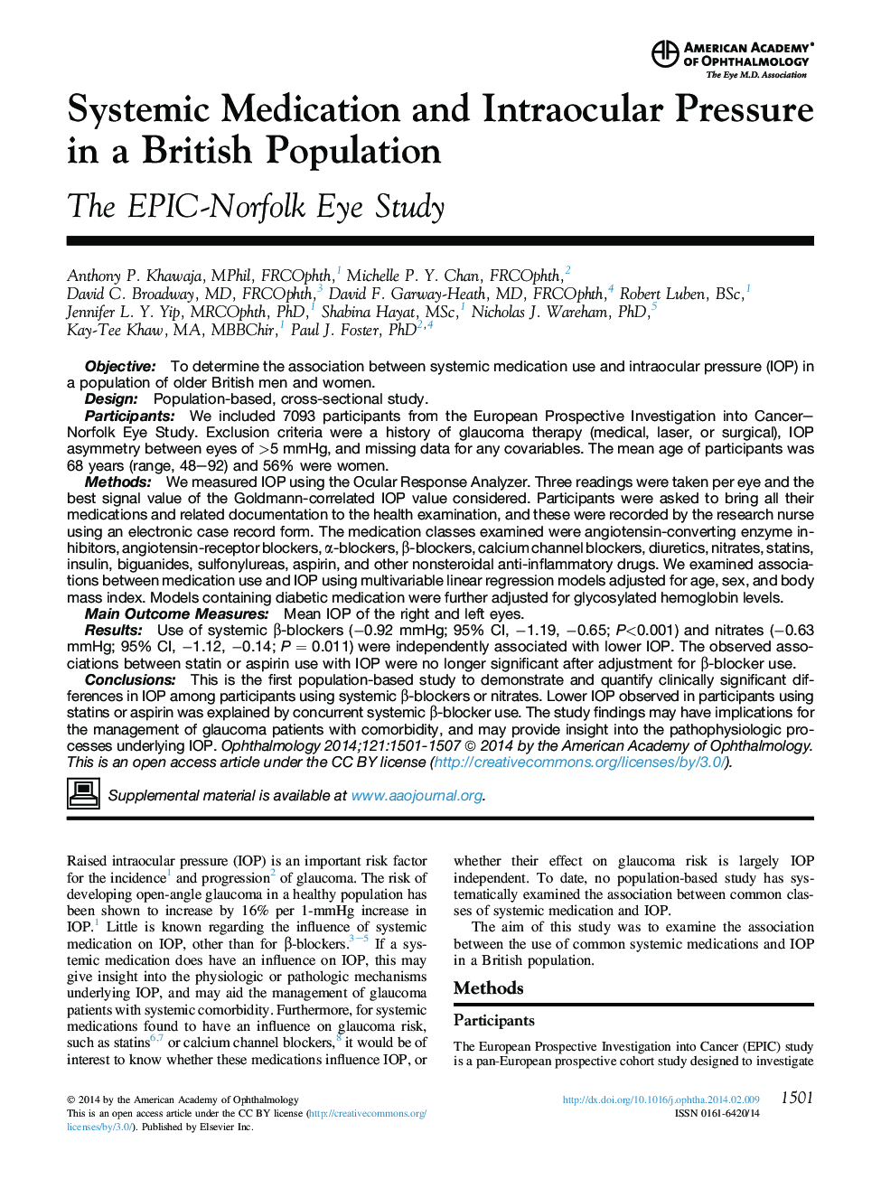 Systemic Medication and Intraocular Pressure in a British Population: The EPIC-Norfolk Eye Study