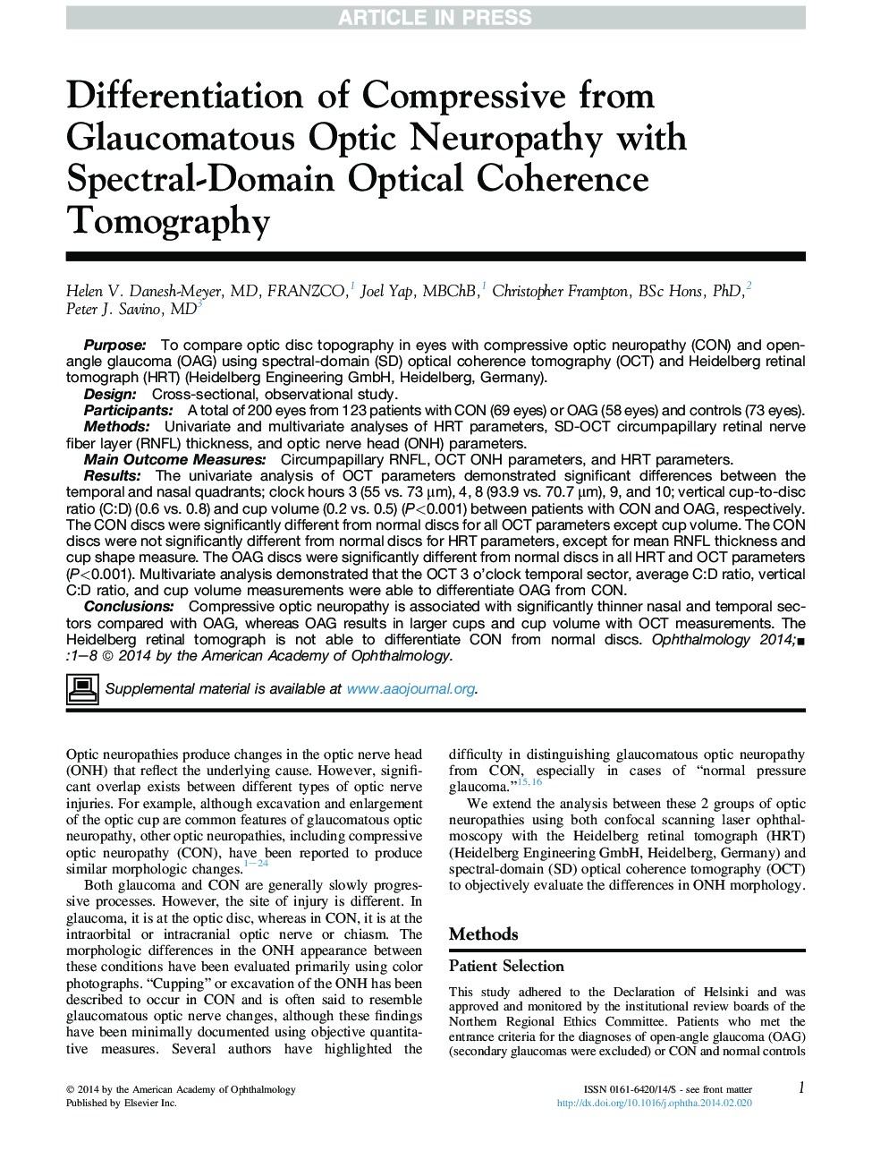 Differentiation of Compressive from Glaucomatous Optic Neuropathy with Spectral-Domain Optical Coherence Tomography
