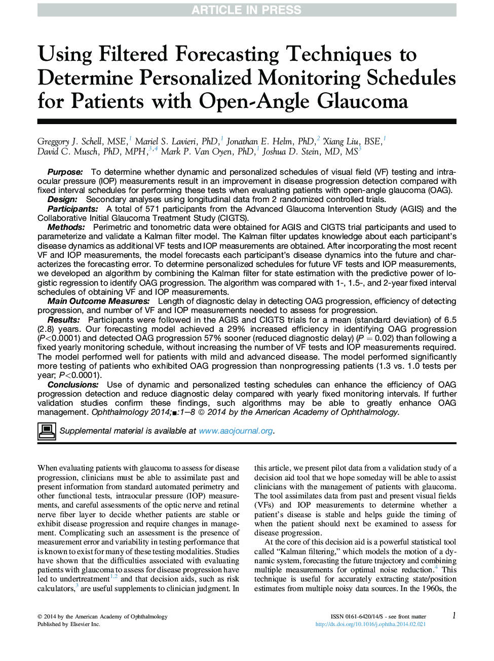 Using Filtered Forecasting Techniques to Determine Personalized Monitoring Schedules for Patients with Open-Angle Glaucoma