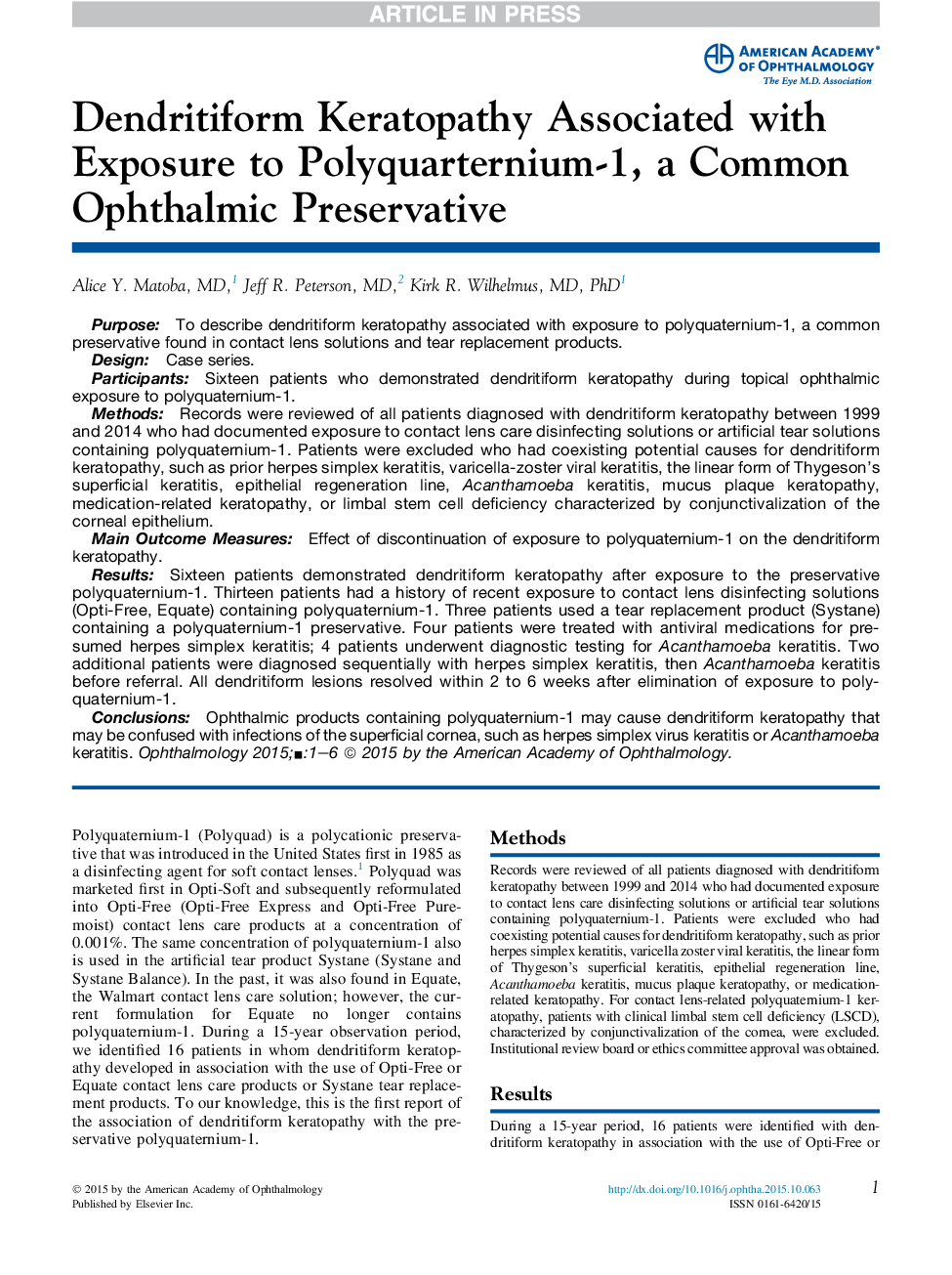 Dendritiform Keratopathy Associated with Exposure to Polyquarternium-1, a Common Ophthalmic Preservative