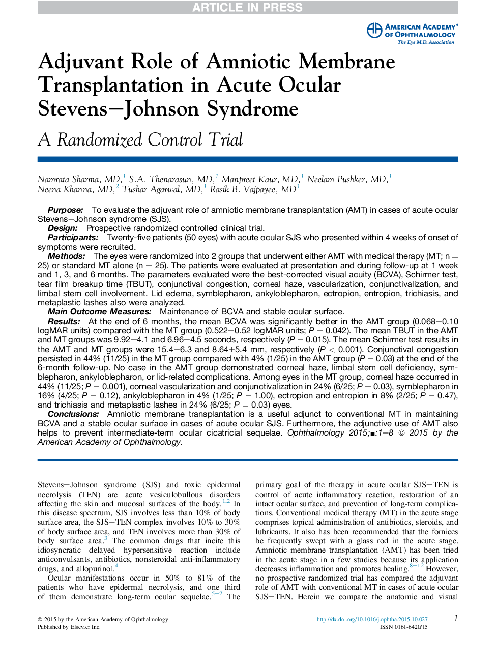 Adjuvant Role of Amniotic Membrane Transplantation in Acute Ocular Stevens-Johnson Syndrome