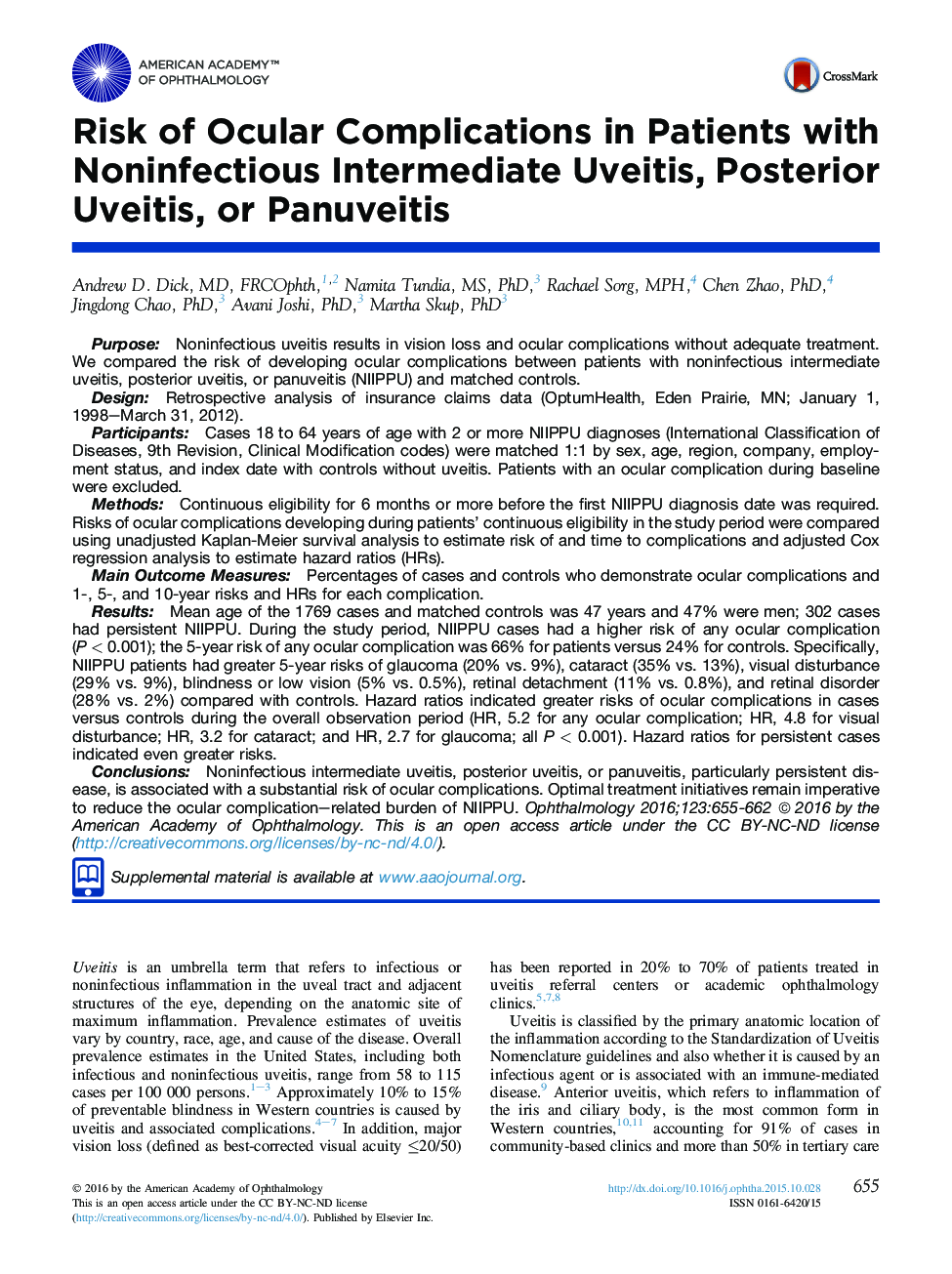 Risk of Ocular Complications in Patients with Noninfectious Intermediate Uveitis, Posterior Uveitis, or Panuveitis