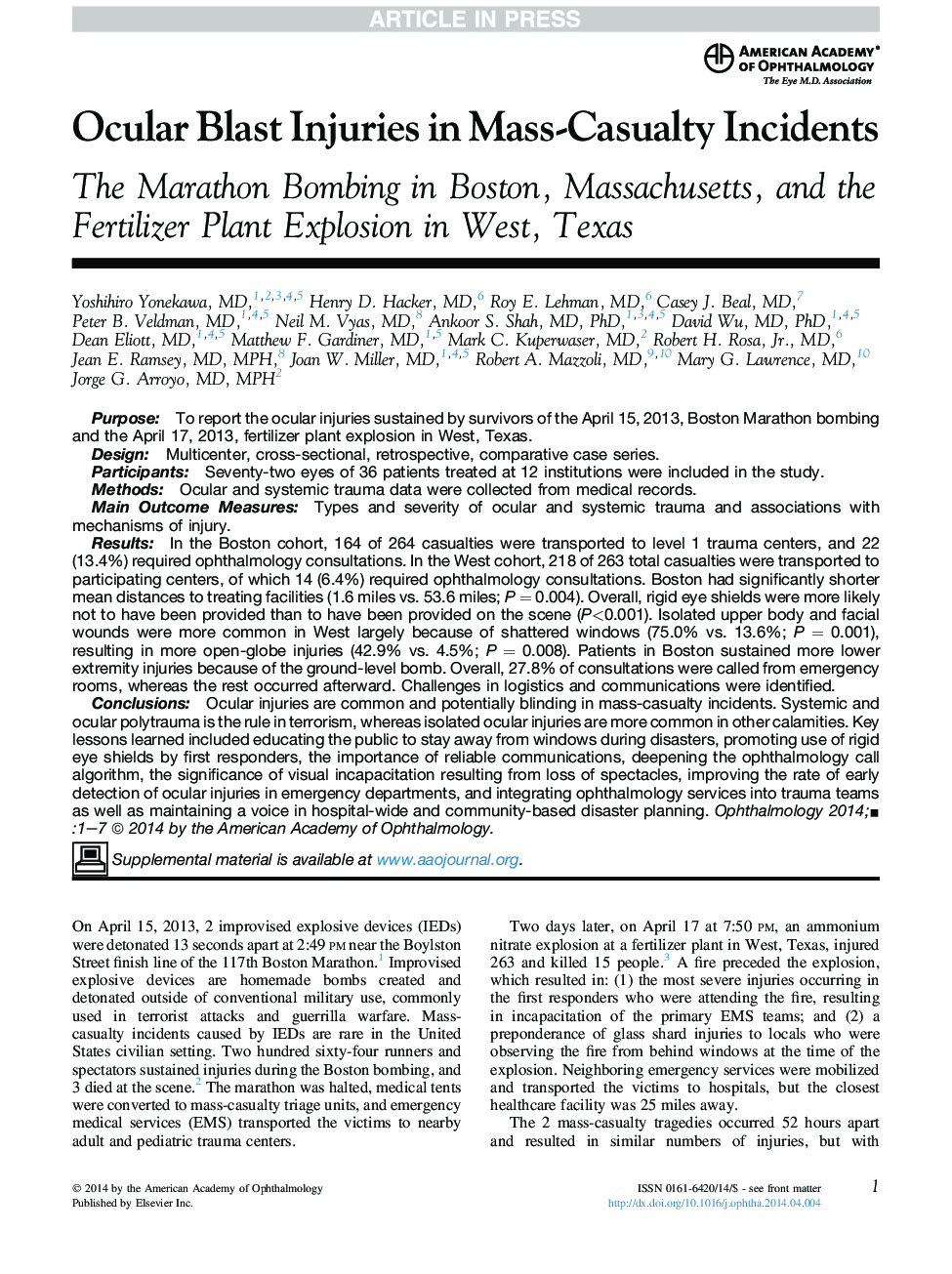 Ocular Blast Injuries in Mass-Casualty Incidents