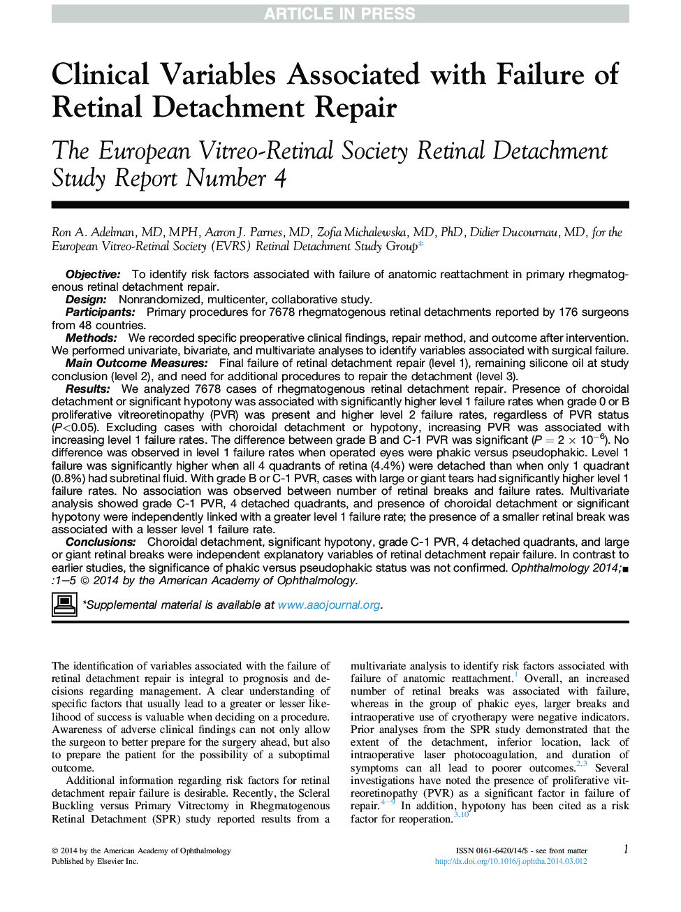 Clinical Variables Associated with Failure of Retinal Detachment Repair