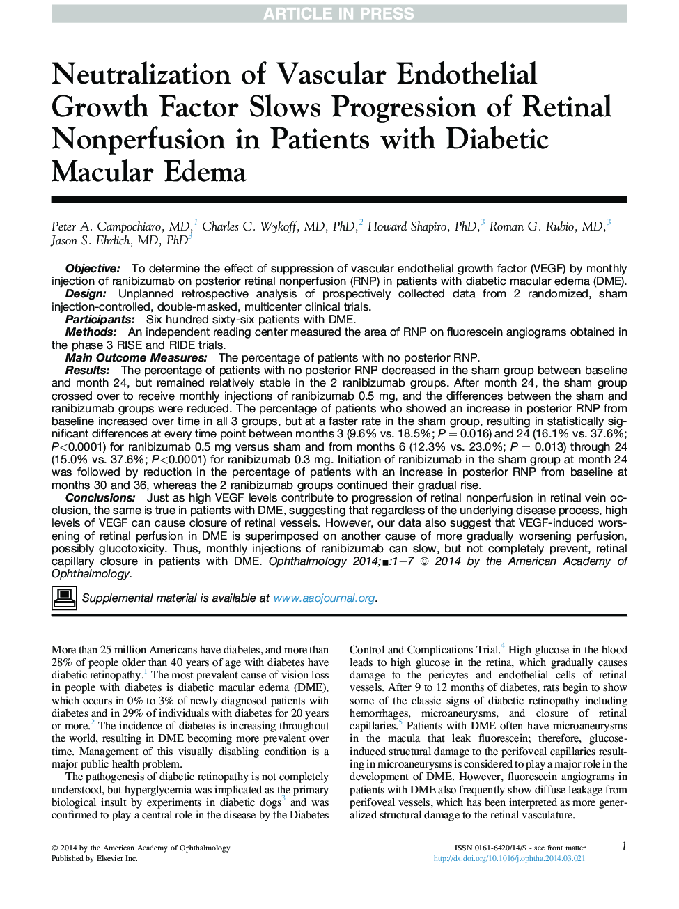 Neutralization of Vascular Endothelial Growth Factor Slows Progression of Retinal Nonperfusion in Patients with Diabetic Macular Edema