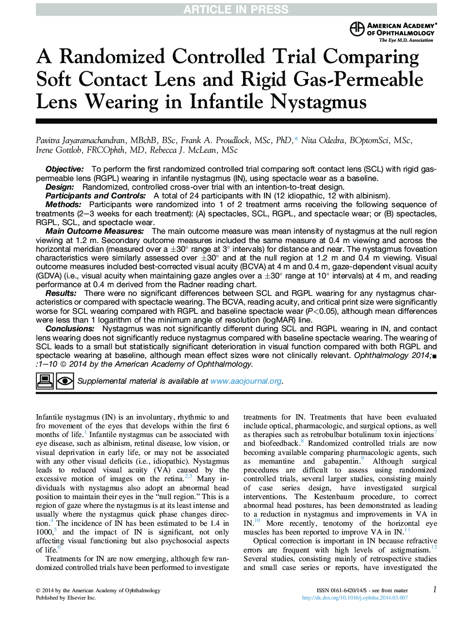 یک آزمایش تصادفی کنترل شده مقایسه لنزهای تماس نرم و لنز قابل نفوذ با گاز سفت و سخت در نیتسگموس نوزادان 