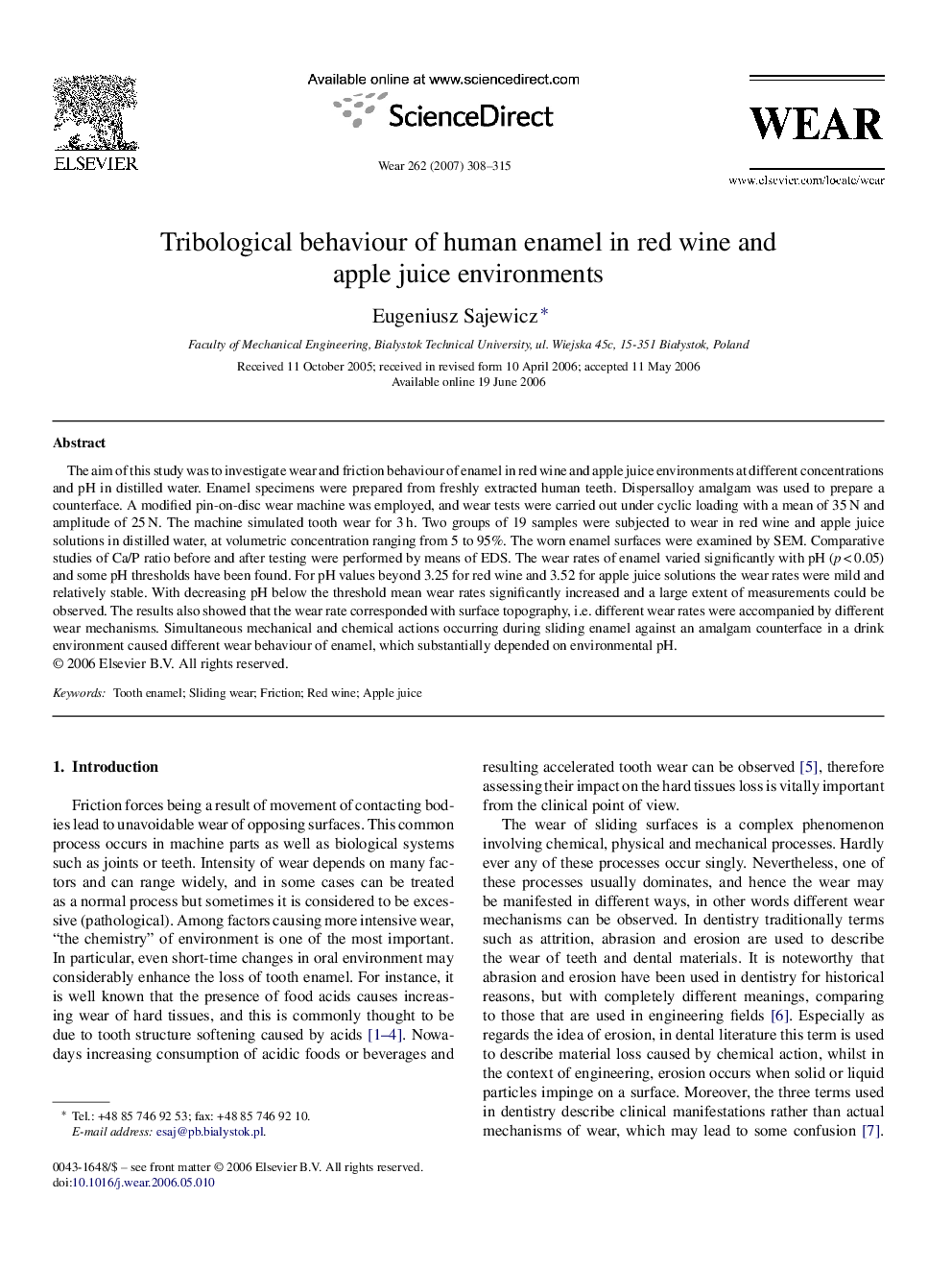 Tribological behaviour of human enamel in red wine and apple juice environments