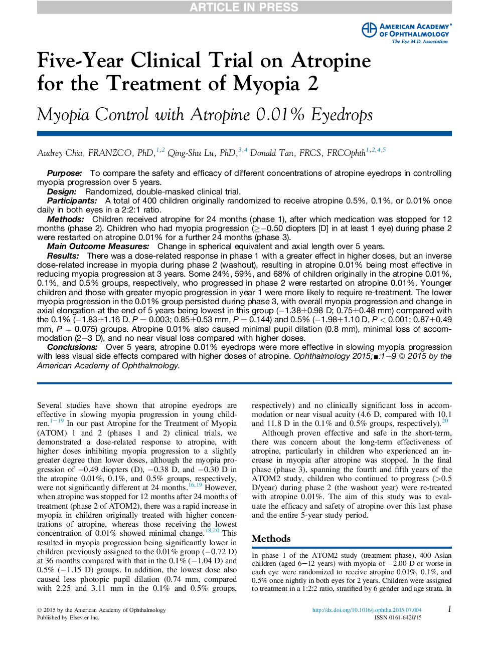 Five-Year Clinical Trial on Atropine forÂ theÂ Treatment of Myopia 2