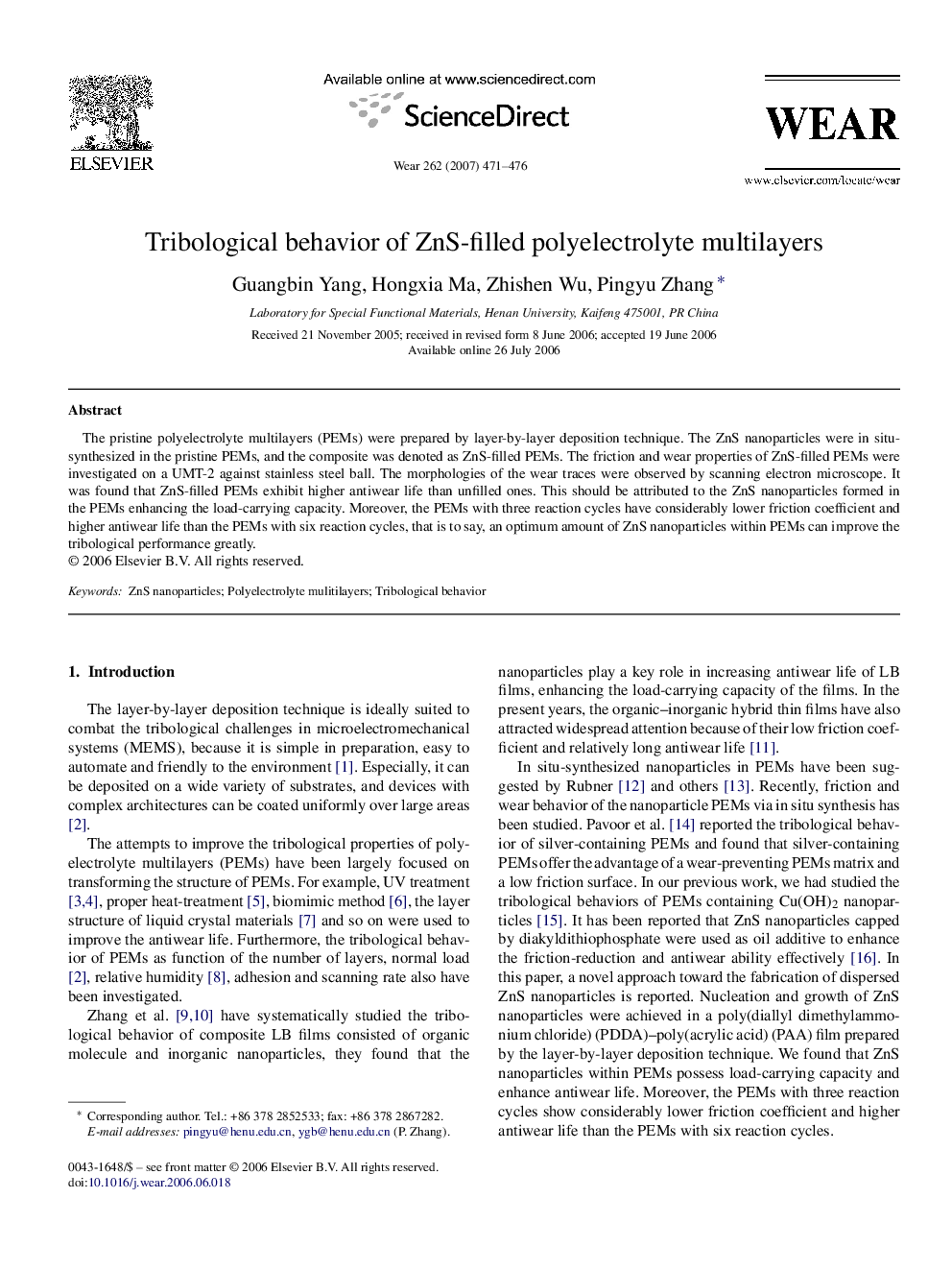 Tribological behavior of ZnS-filled polyelectrolyte multilayers