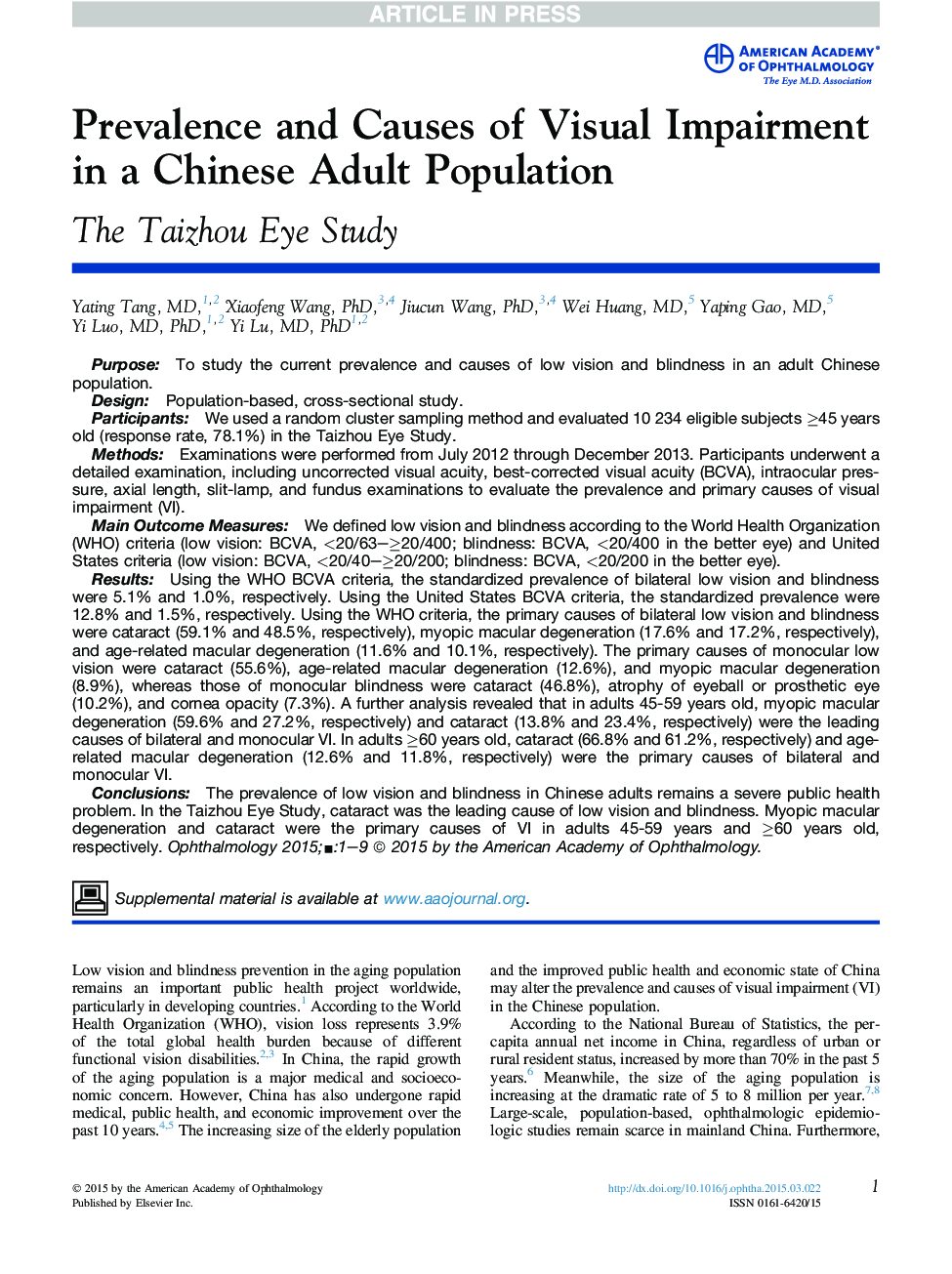 Prevalence and Causes of Visual Impairment in a Chinese Adult Population