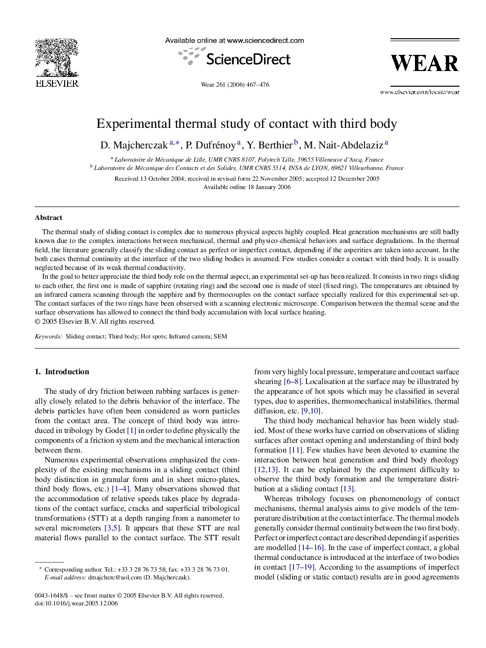 Experimental thermal study of contact with third body