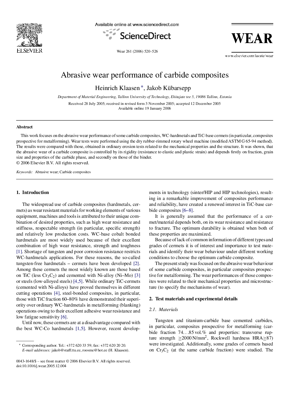 Abrasive wear performance of carbide composites