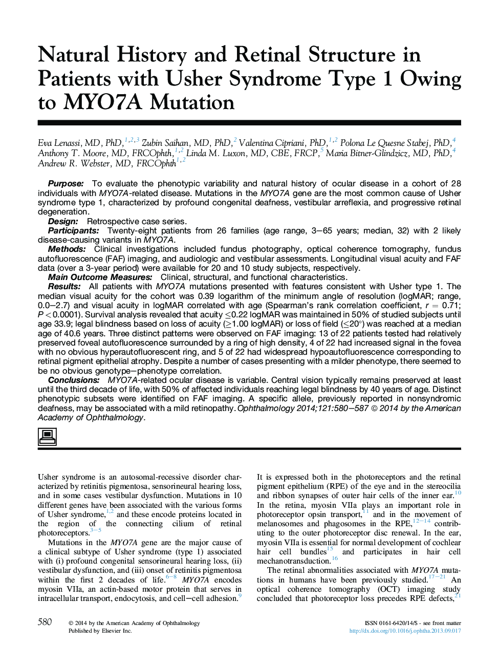 عکس صفحه اول مقاله: Natural History and Retinal Structure in Patients with Usher Syndrome Type 1 Owing to MYO7A Mutation Natural History and Retinal Structure in Patients with Usher Syndrome Type 1 Owing to MYO7A Mutation