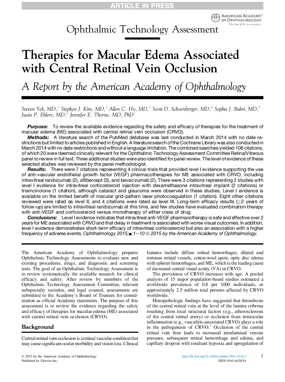 Therapies for Macular Edema Associated withÂ Central Retinal Vein Occlusion