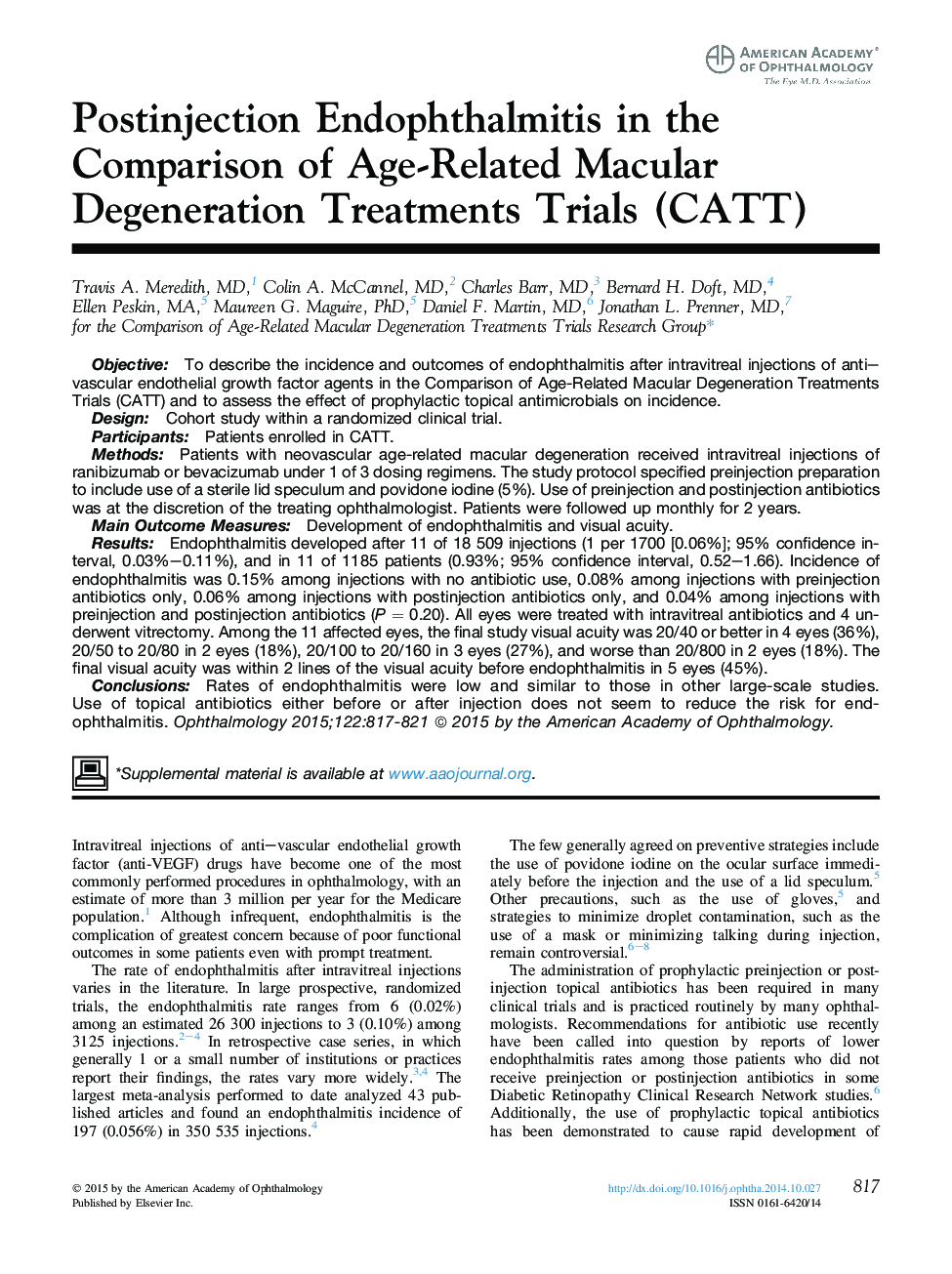 Postinjection Endophthalmitis in the Comparison of Age-Related Macular Degeneration Treatments Trials (CATT)