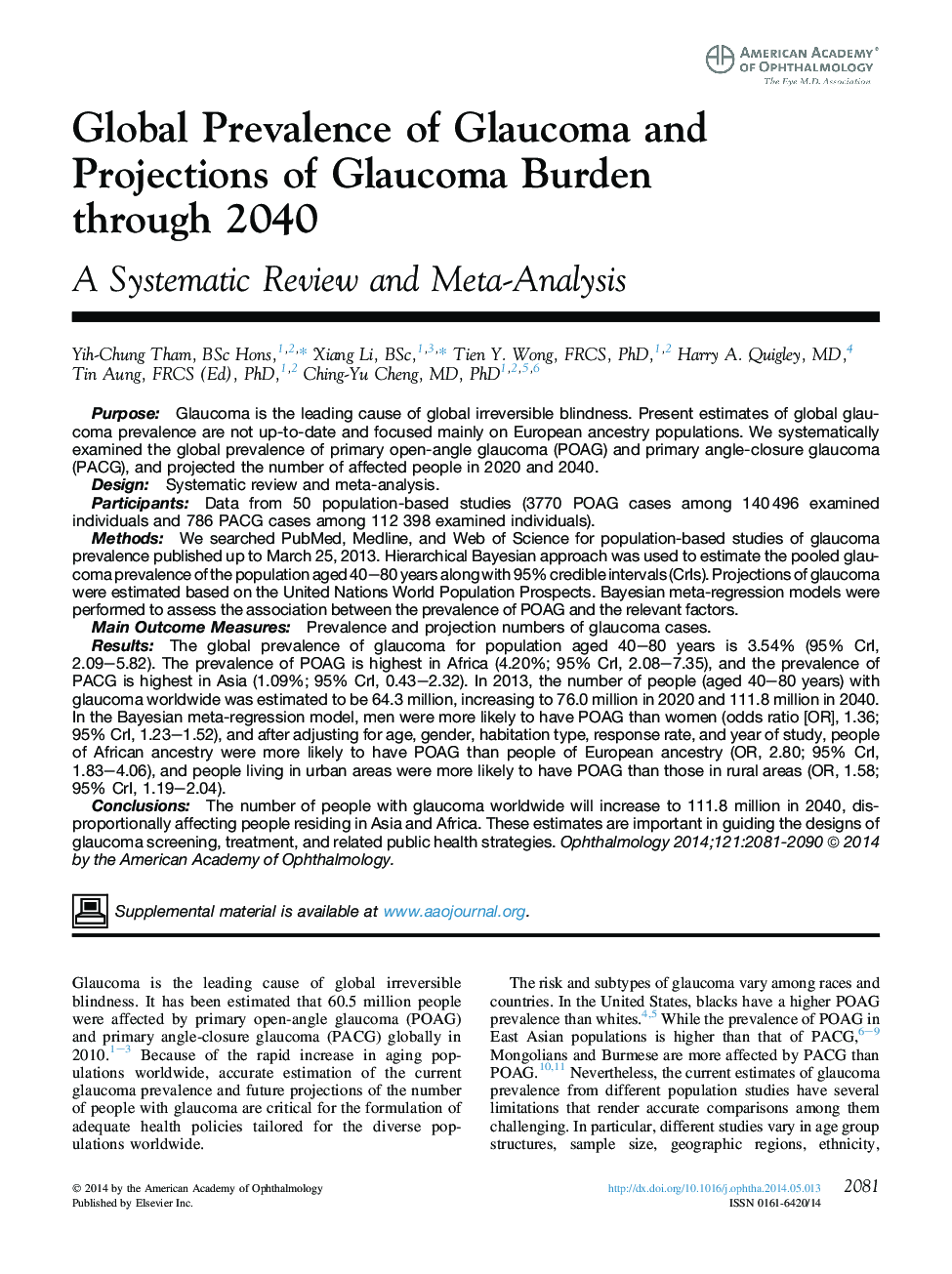Global Prevalence of Glaucoma and Projections of Glaucoma Burden through 2040