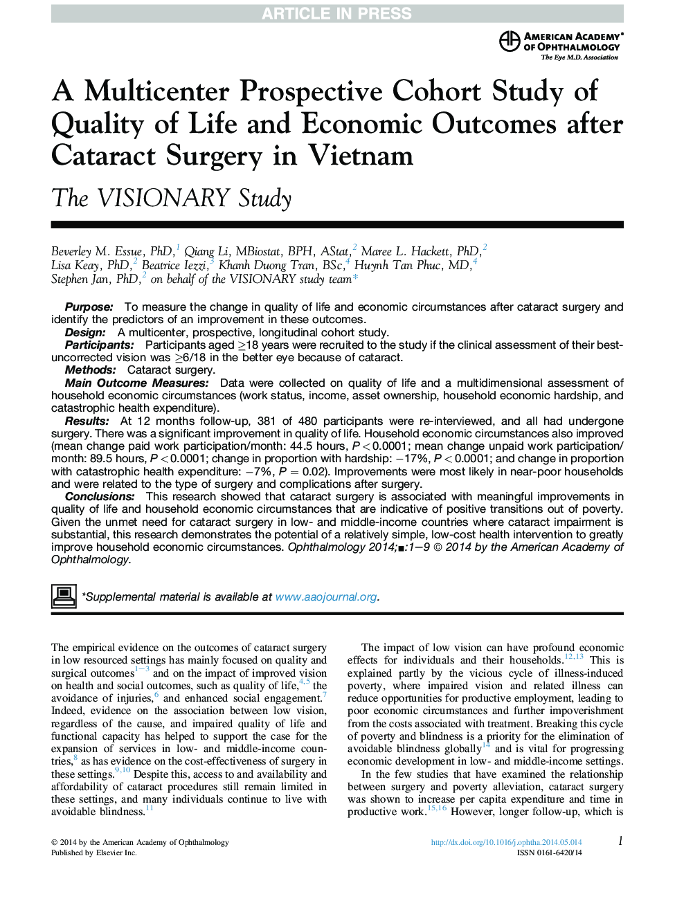 یک مطالعه کوهورت چشم انداز چندگانه کیفیت زندگی و نتایج اقتصادی پس از جراحی کاتاراکت در ویتنام 